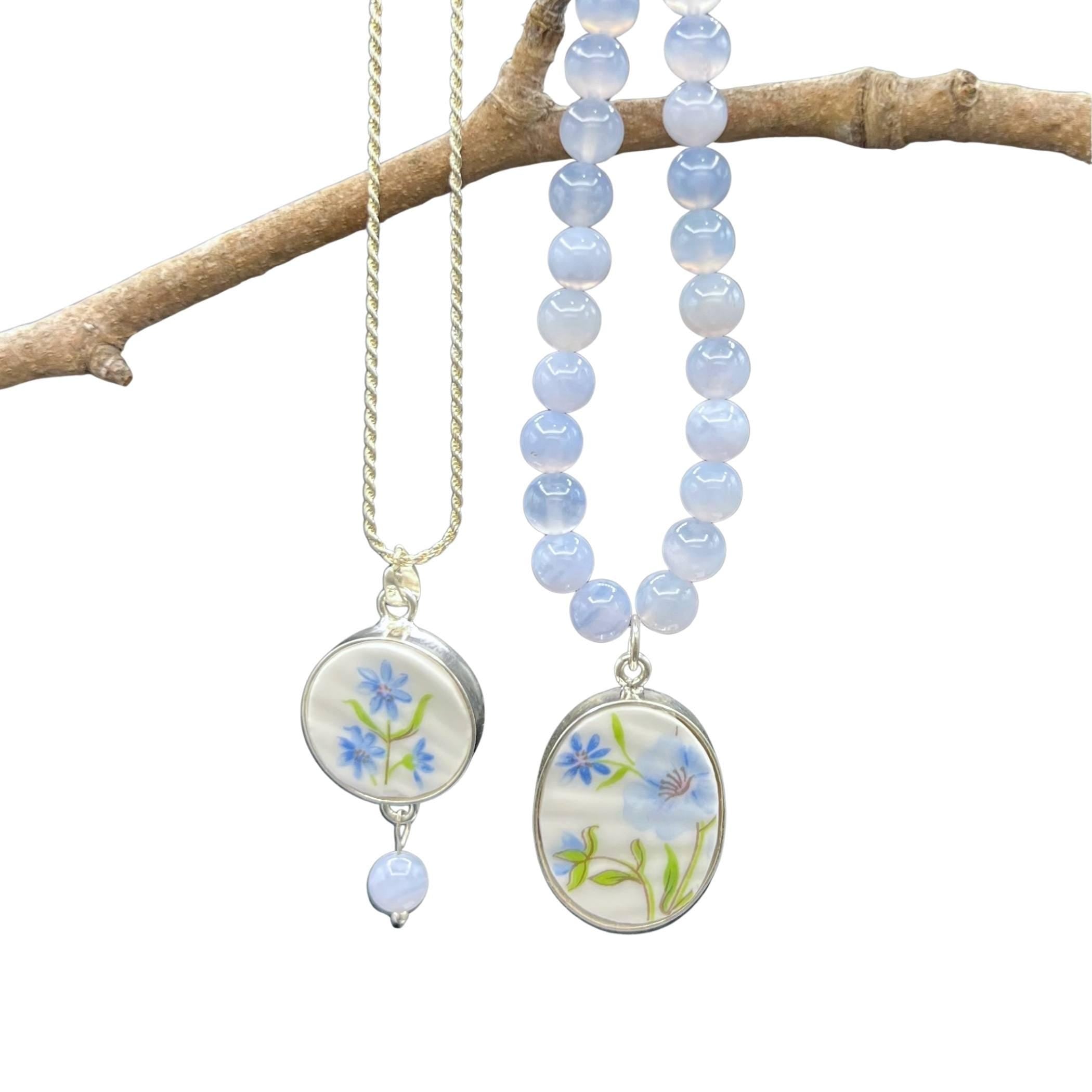 Shelley Dainty Blue Rock Sterling Silver & Blue Chalcedony Necklace with Upcycled China Pendants, Broken China Jewelry 20th Anniversary Gift