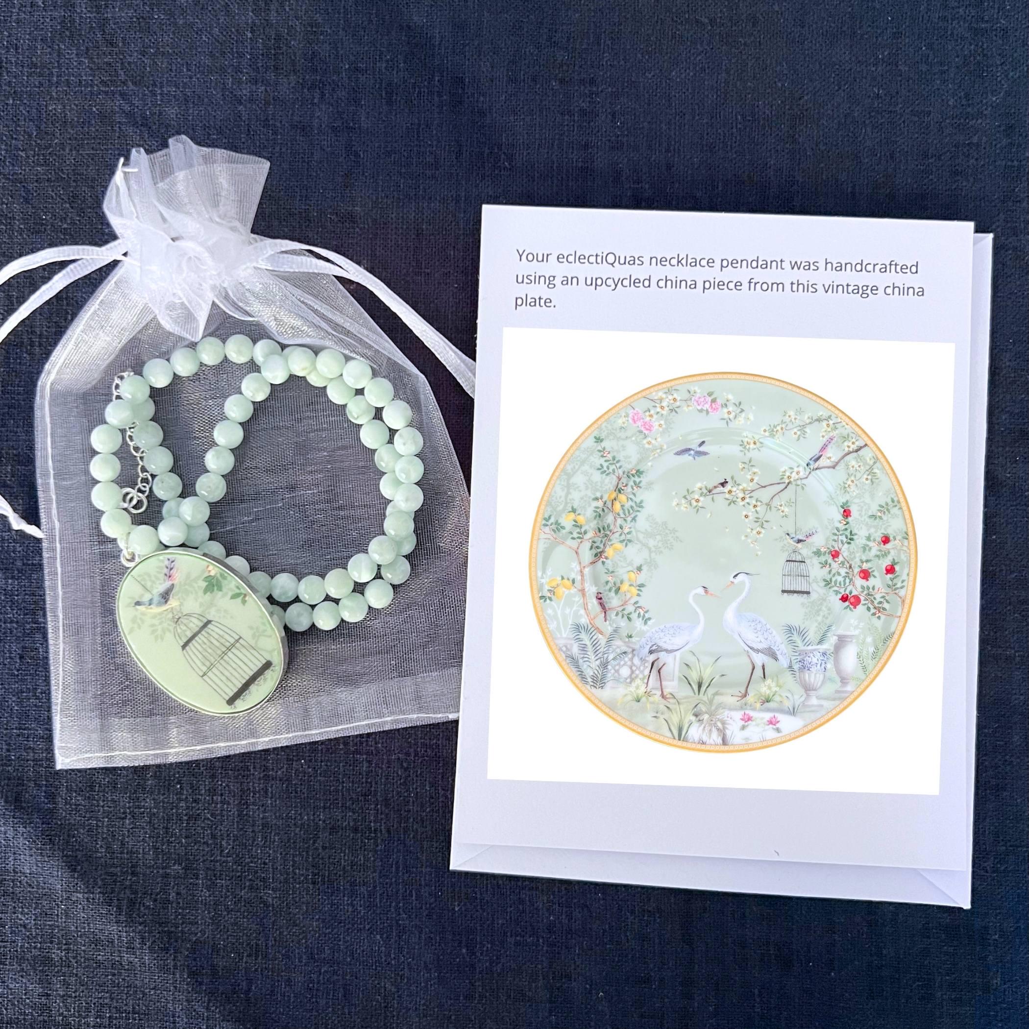 Green Moonstone Necklace with Chinoiserie Bird China Pendant, One of a Kind Broken China Jewelry Gift for Her Birthday Anniversary Christmas