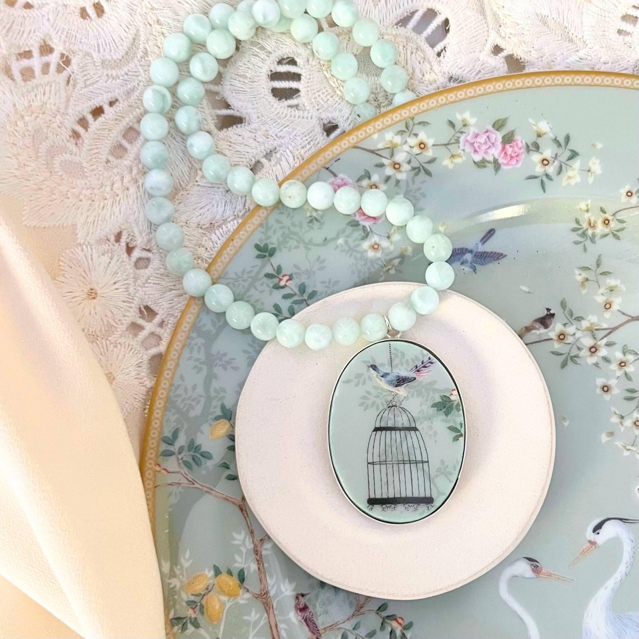 Green Moonstone Necklace with Chinoiserie Bird China Pendant, One of a Kind Broken China Jewelry Gift for Her Birthday Anniversary Christmas