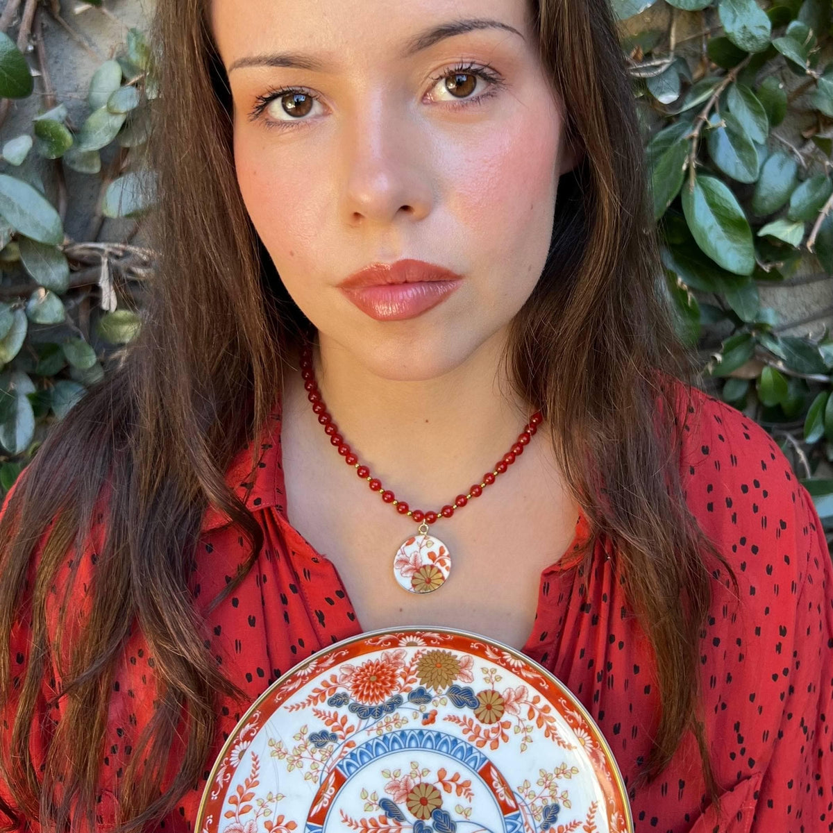 Autumn Gold Floral Porcelain Pendant with Carnelian Necklace, Bold Flower Statement Upcycled Porcelain Jewelry Fall Birthday Gift for Women