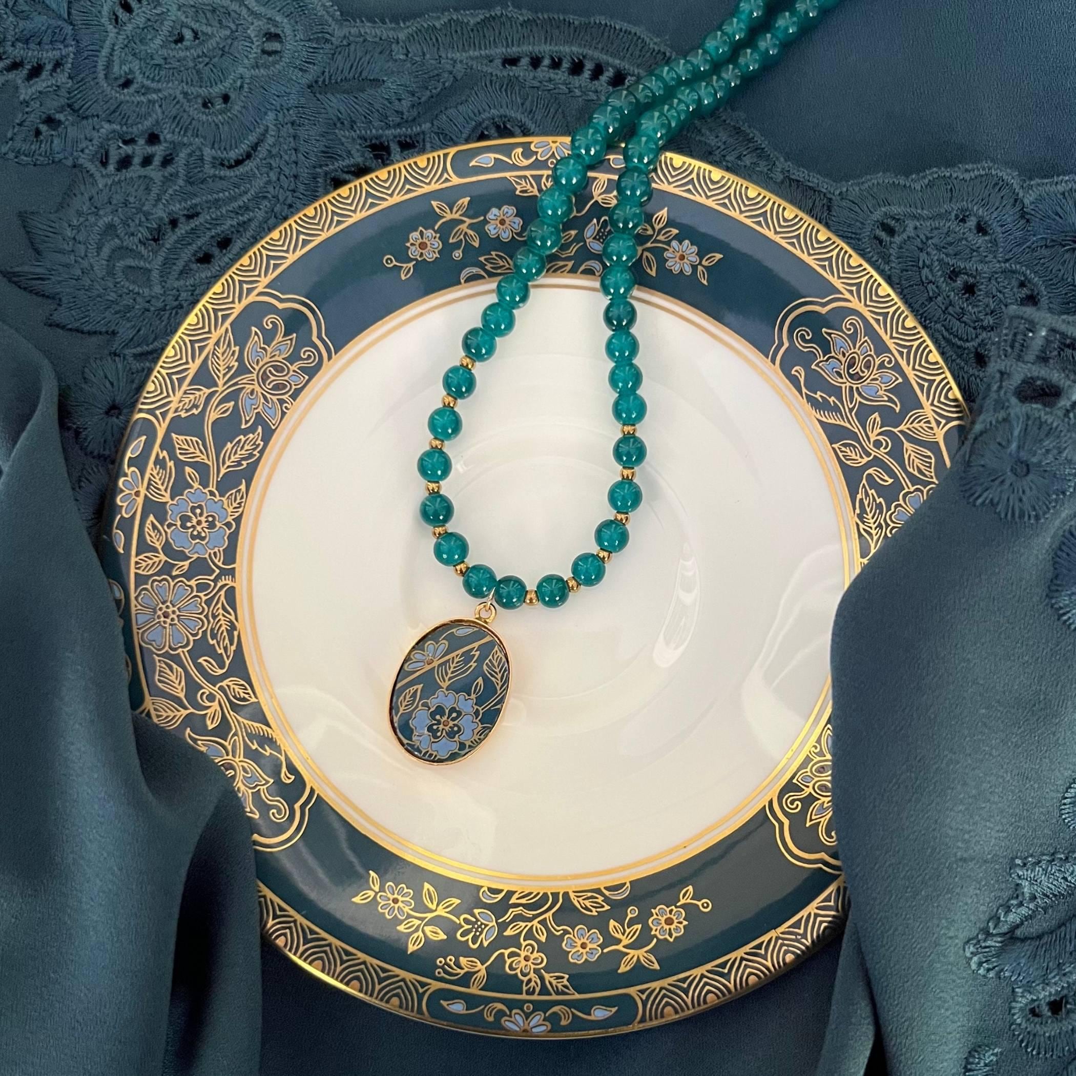 Elegant Gold and Teal Beaded Necklace with Upcycled Porcelain Pendant, Autumn Fall Statement Vintage China Jewelry Birthday Gift for Women