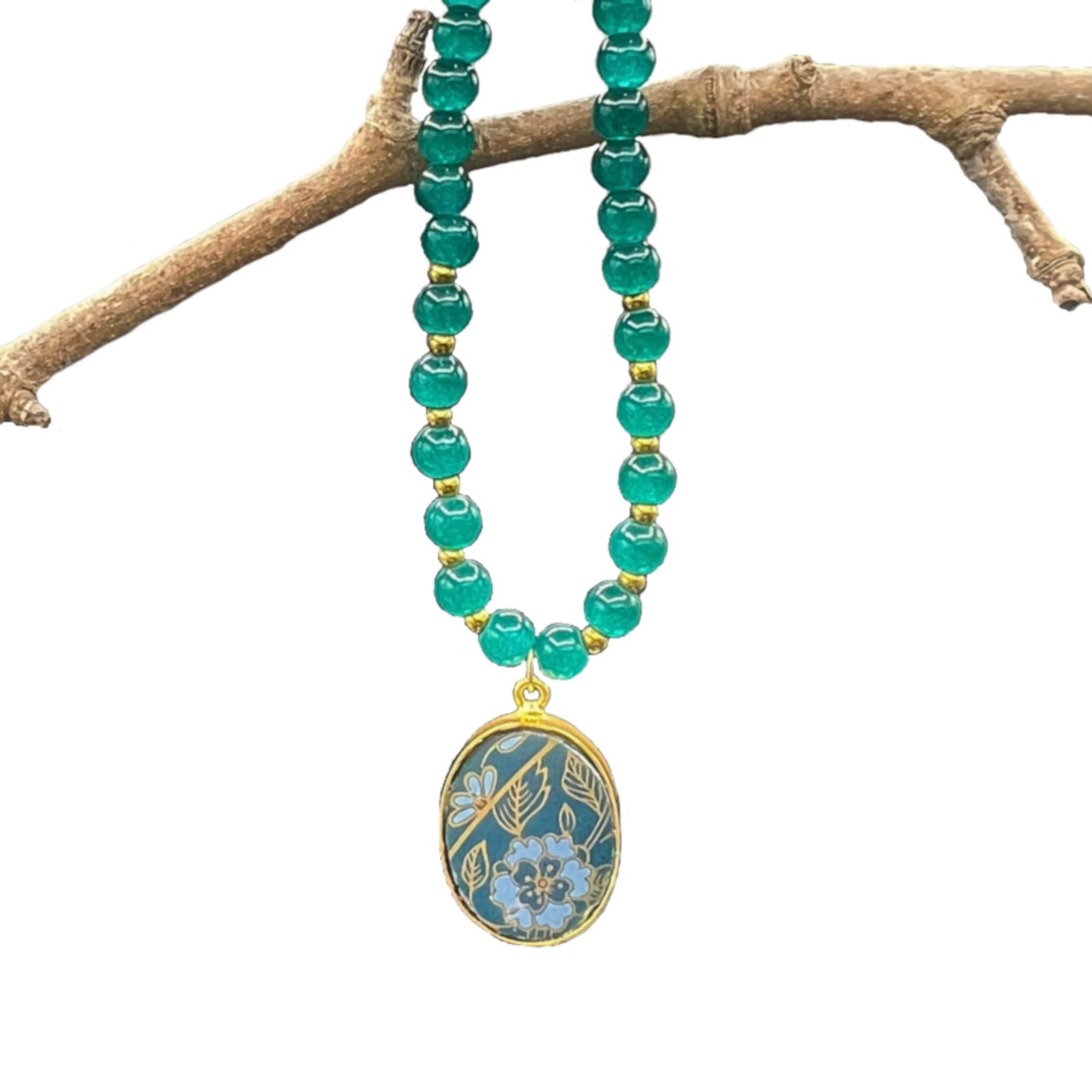 Elegant Gold and Teal Beaded Necklace with Upcycled Porcelain Pendant, Autumn Fall Statement Vintage China Jewelry Birthday Gift for Women