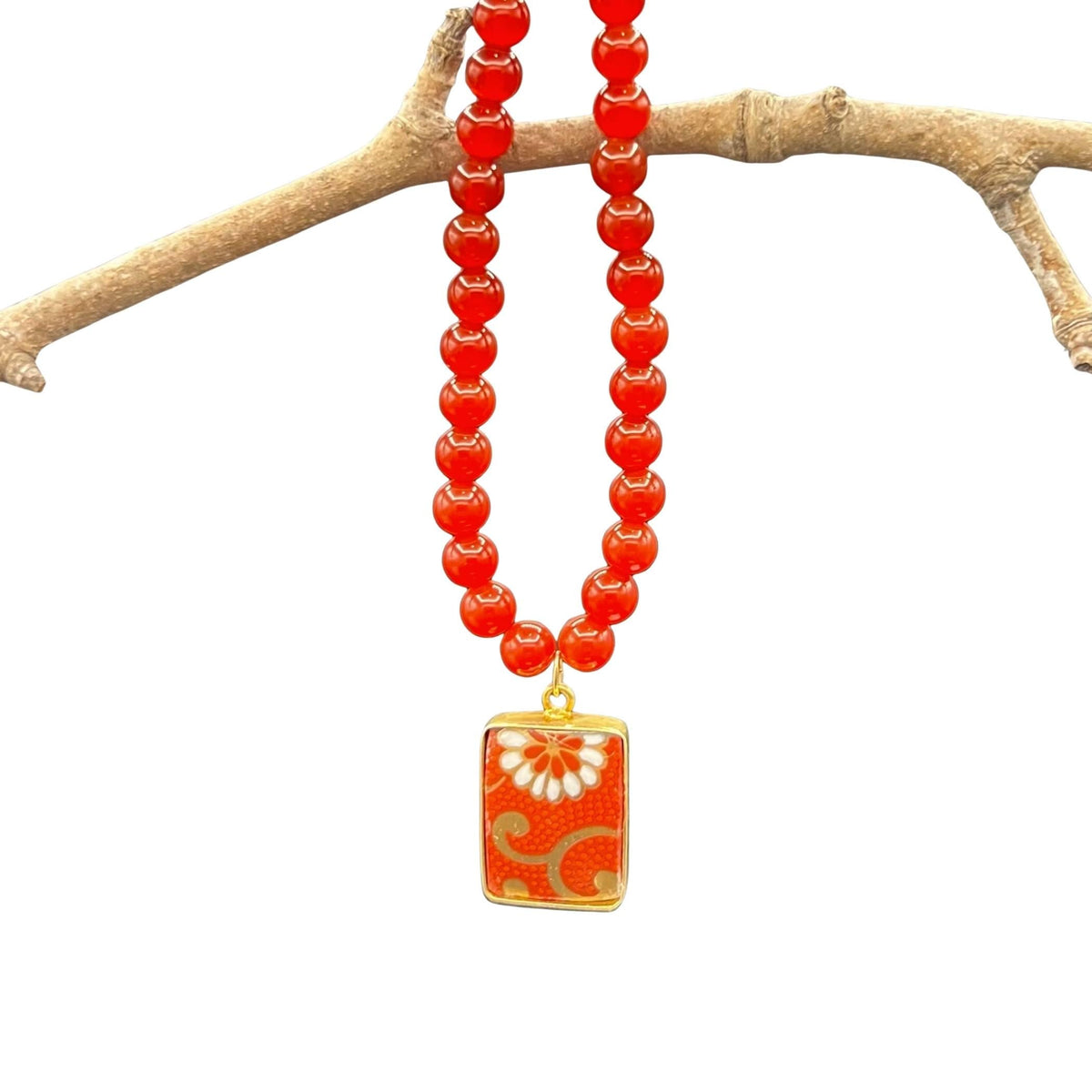 Autumn Porcelain Pendant with Carnelian Necklace upcycled with Japanese Kutani, Gold & Orange Flower Eclectic Jewelry Fall Birthday Gift