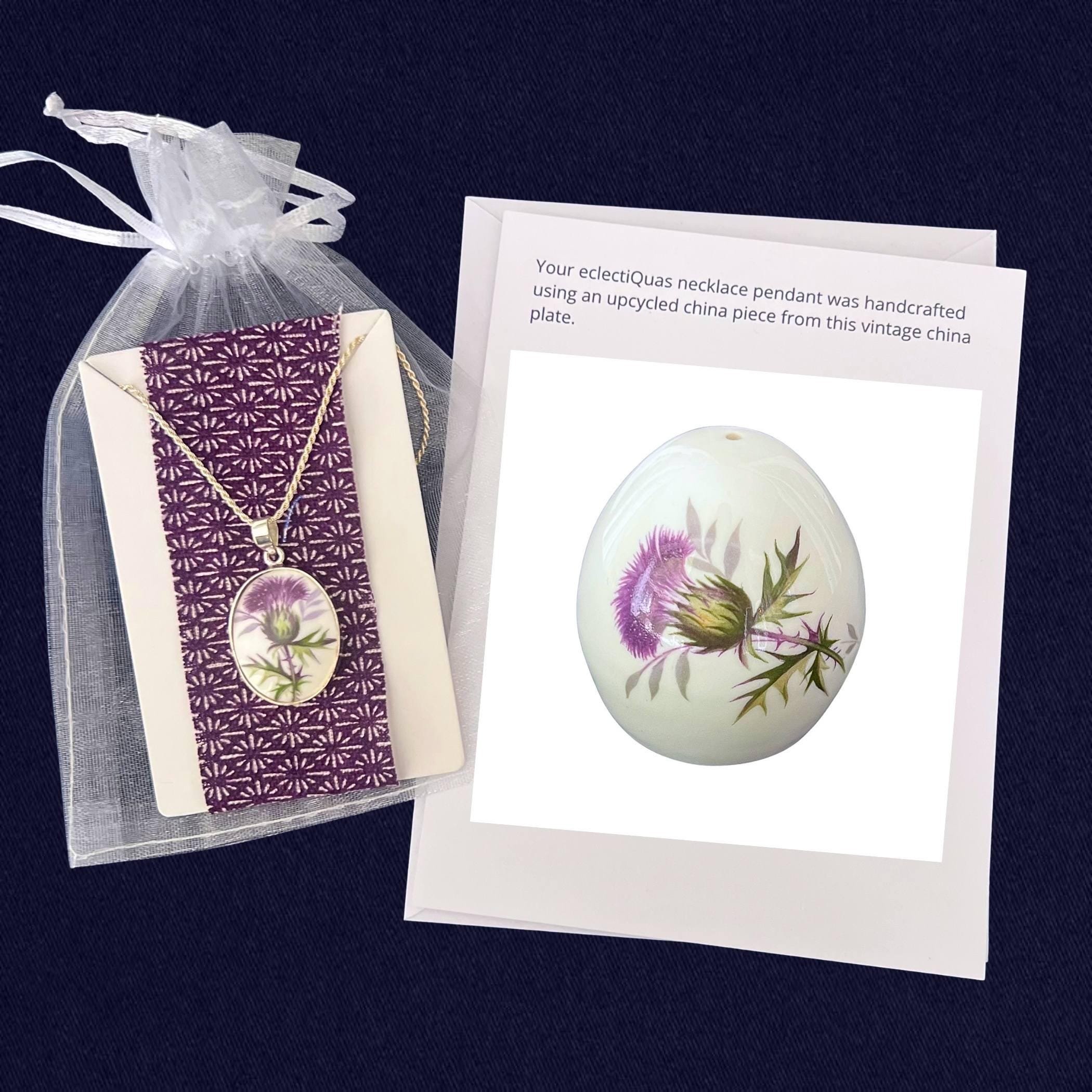 Scottish Thistle Necklace handmade from Upcycled China & Sterling Silver, Purple Flower China Jewelry Gift Idea for St Andrews Day Birthday
