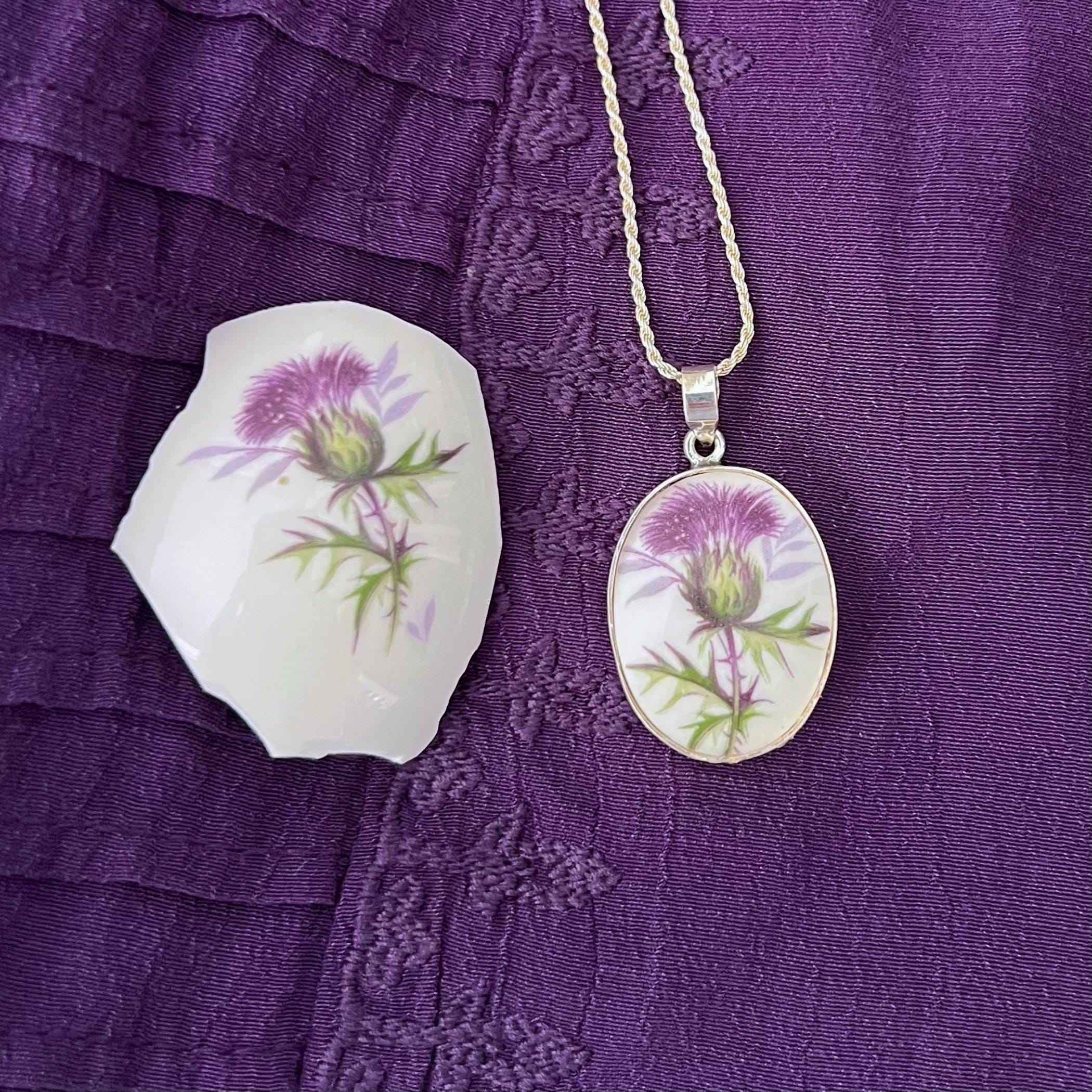 Scottish Thistle Necklace handmade from Upcycled China & Sterling Silver, Purple Flower China Jewelry Gift Idea for St Andrews Day Birthday
