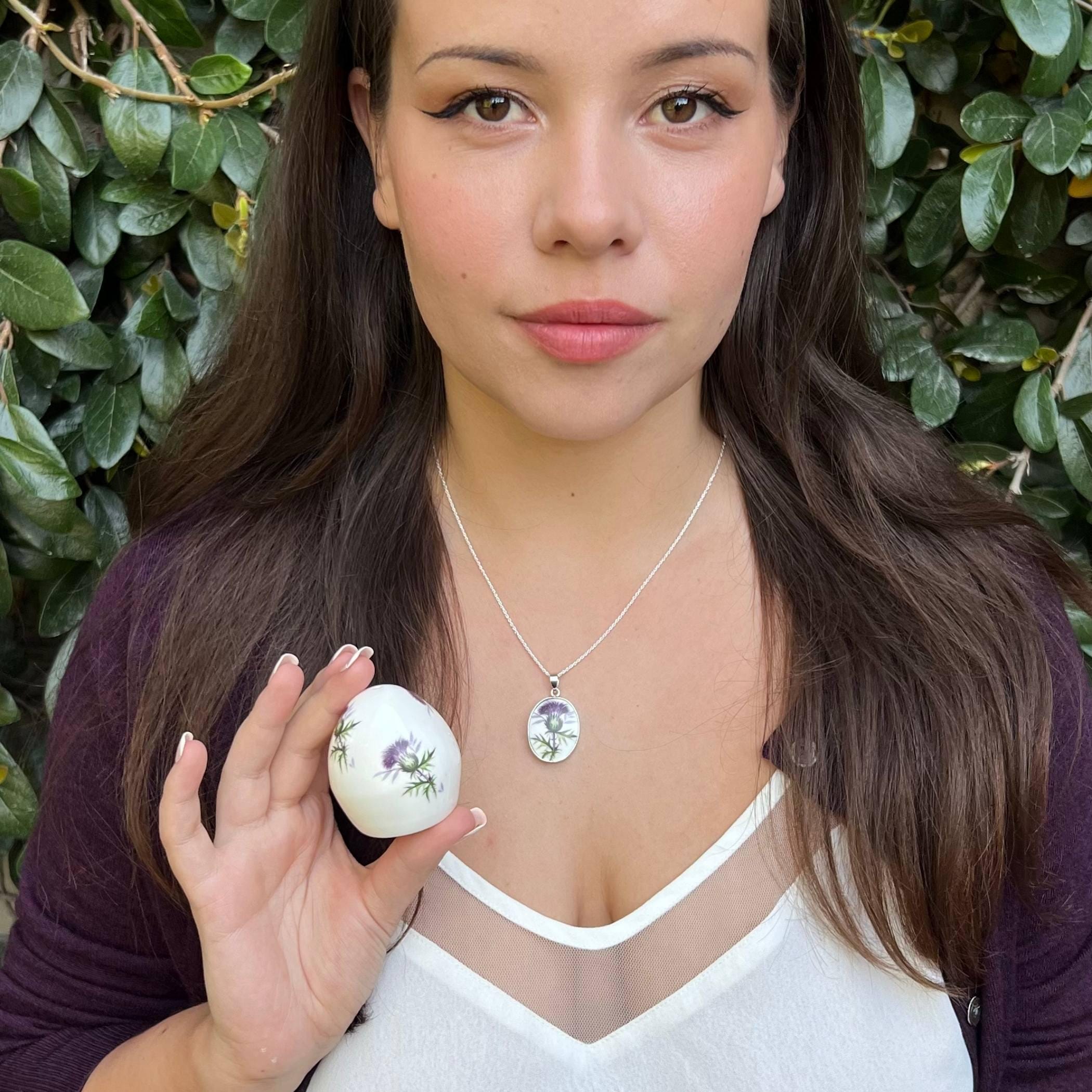 Scottish Thistle Necklace handmade from Upcycled China & Sterling Silver, Purple Flower China Jewelry Gift Idea for St Andrews Day Birthday