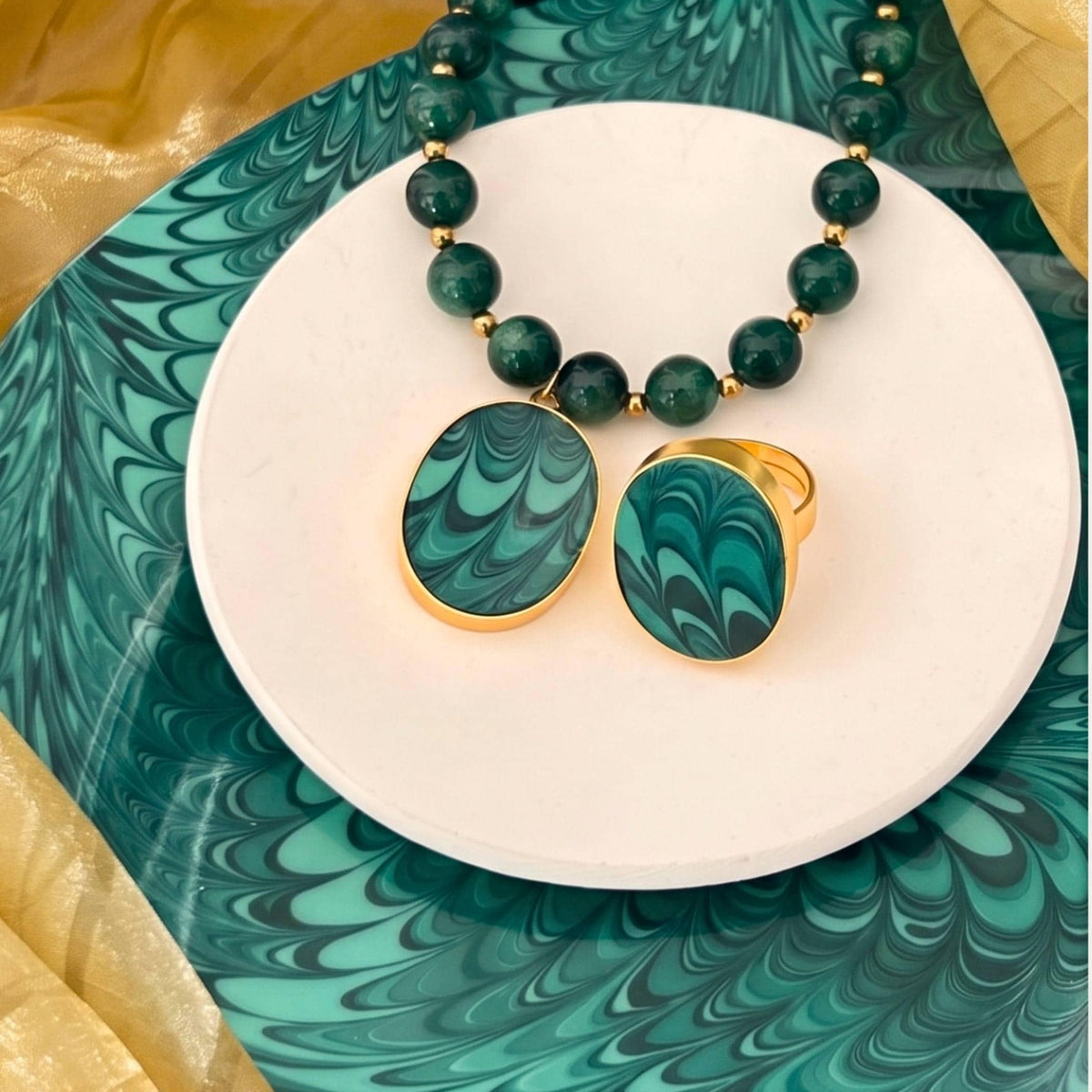 Emerald Green Beaded Necklace with Upcycled Porcelain Pendant & Oval Statement China Ring, Artisan Vintage China Jewelry Set Gift for Women