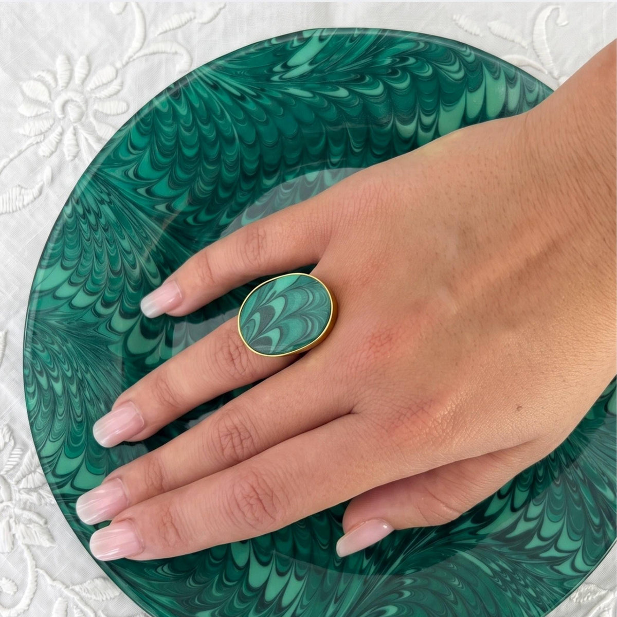 Emerald Green Beaded Necklace with Upcycled Porcelain Pendant & Oval Statement China Ring, Artisan Vintage China Jewelry Set Gift for Women
