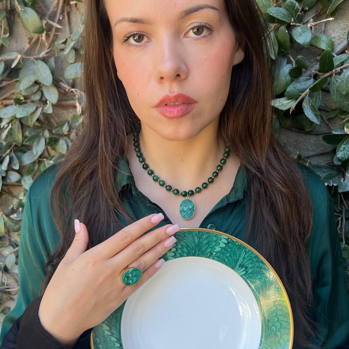Emerald Green Beaded Necklace with Upcycled Porcelain Pendant & Oval Statement China Ring, Artisan Vintage China Jewelry Set Gift for Women