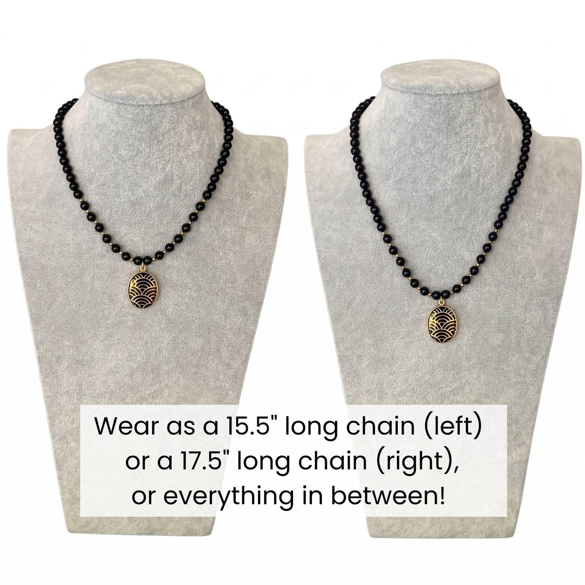 Fall Beaded Black Onyx Necklace with Black Gold Seigaiha Porcelain Pendant & Upcycled China Ring Set, Modern Vintage Porcelain Jewelry Gift