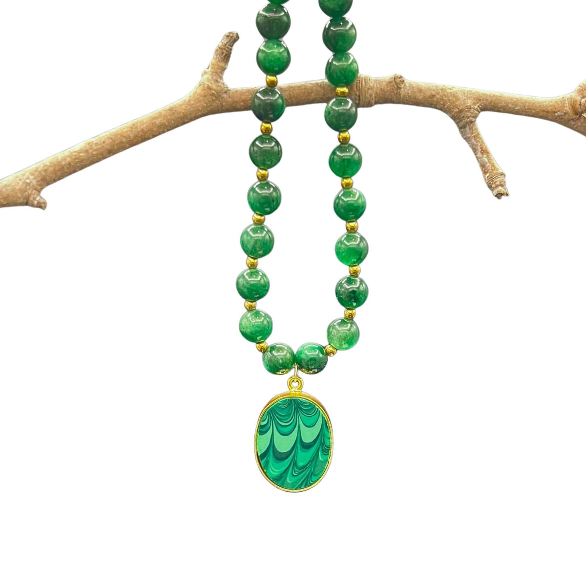 Emerald Green Beaded Necklace with Upcycled Porcelain Pendant & Oval Statement China Ring, Artisan Vintage China Jewelry Set Gift for Women