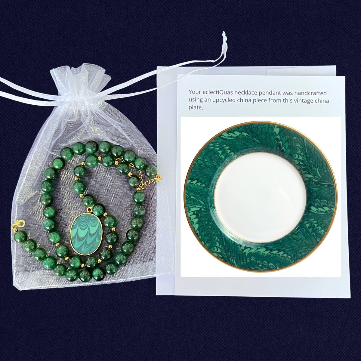 Emerald Green Beaded Necklace with Upcycled Porcelain Pendant & Oval Statement China Ring, Artisan Vintage China Jewelry Set Gift for Women
