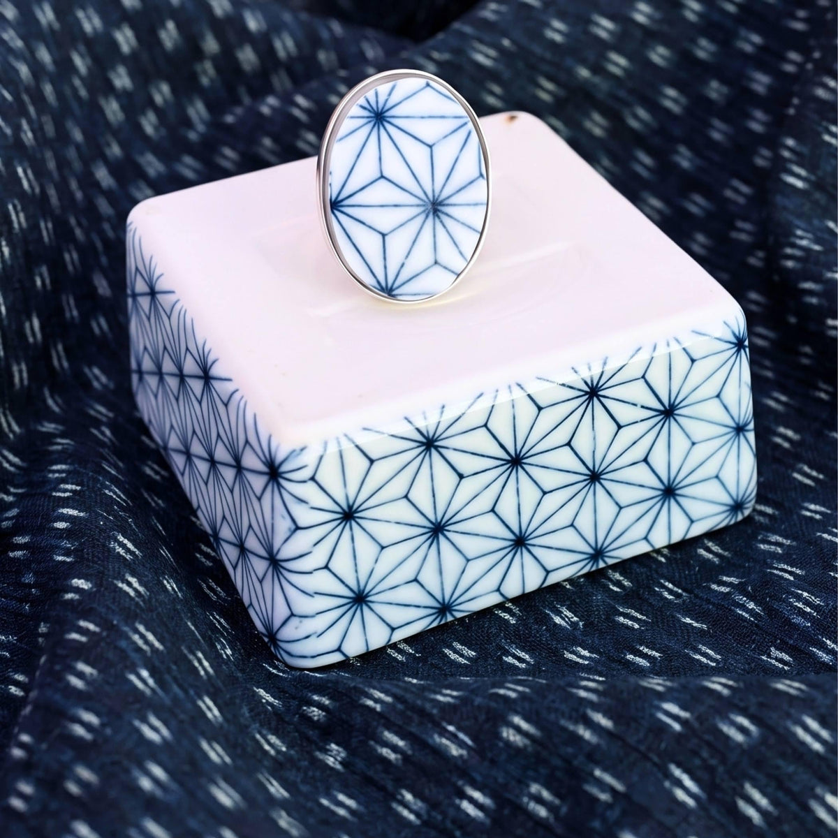 Blue & White Asanoha Porcelain Ring handmade with Japanese Ceramics, Statement Chunky Ring, Artisan Made Jewelry Gift for Japanophile