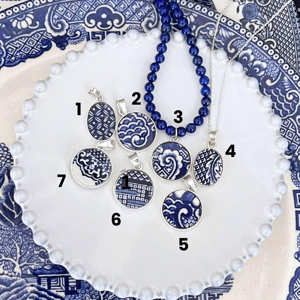 Dainty Blue Willow China Pendants with Sterling Silver or Lapis Lazuli Beaded Necklace, Blue and White Broken China Jewelry Christmas Gift