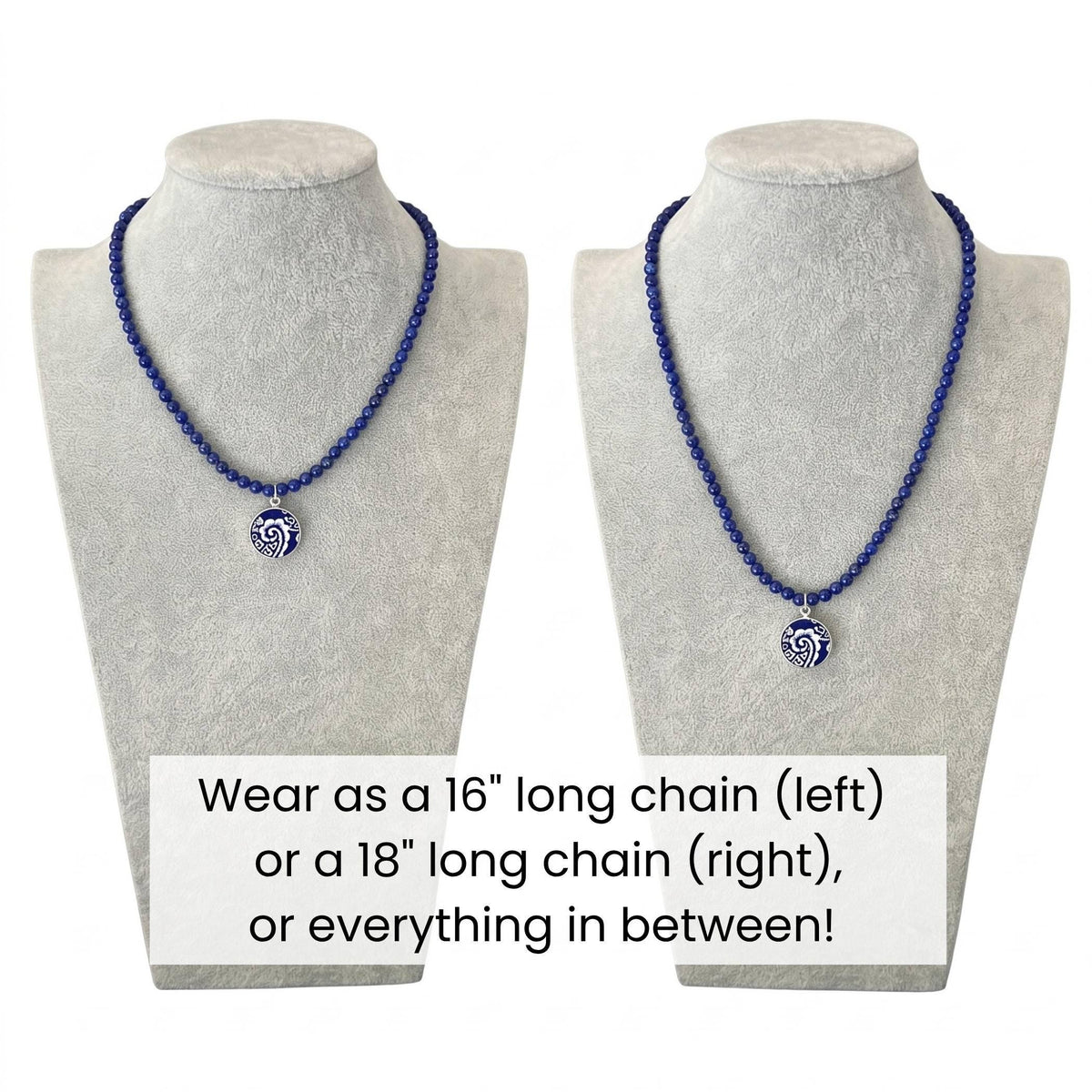 Dainty Blue Willow China Pendants with Sterling Silver or Lapis Lazuli Beaded Necklace, Blue and White Broken China Jewelry Christmas Gift