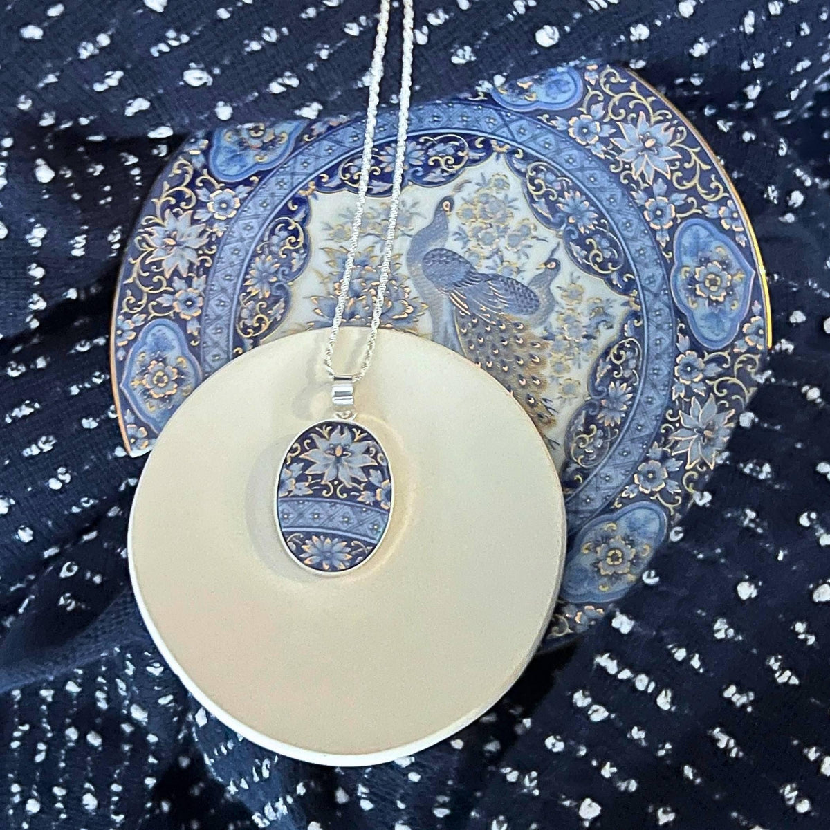 Intricate Blue Oval Egg Pendant Necklace handmade with Upcycled Porcelain & Sterling Silver