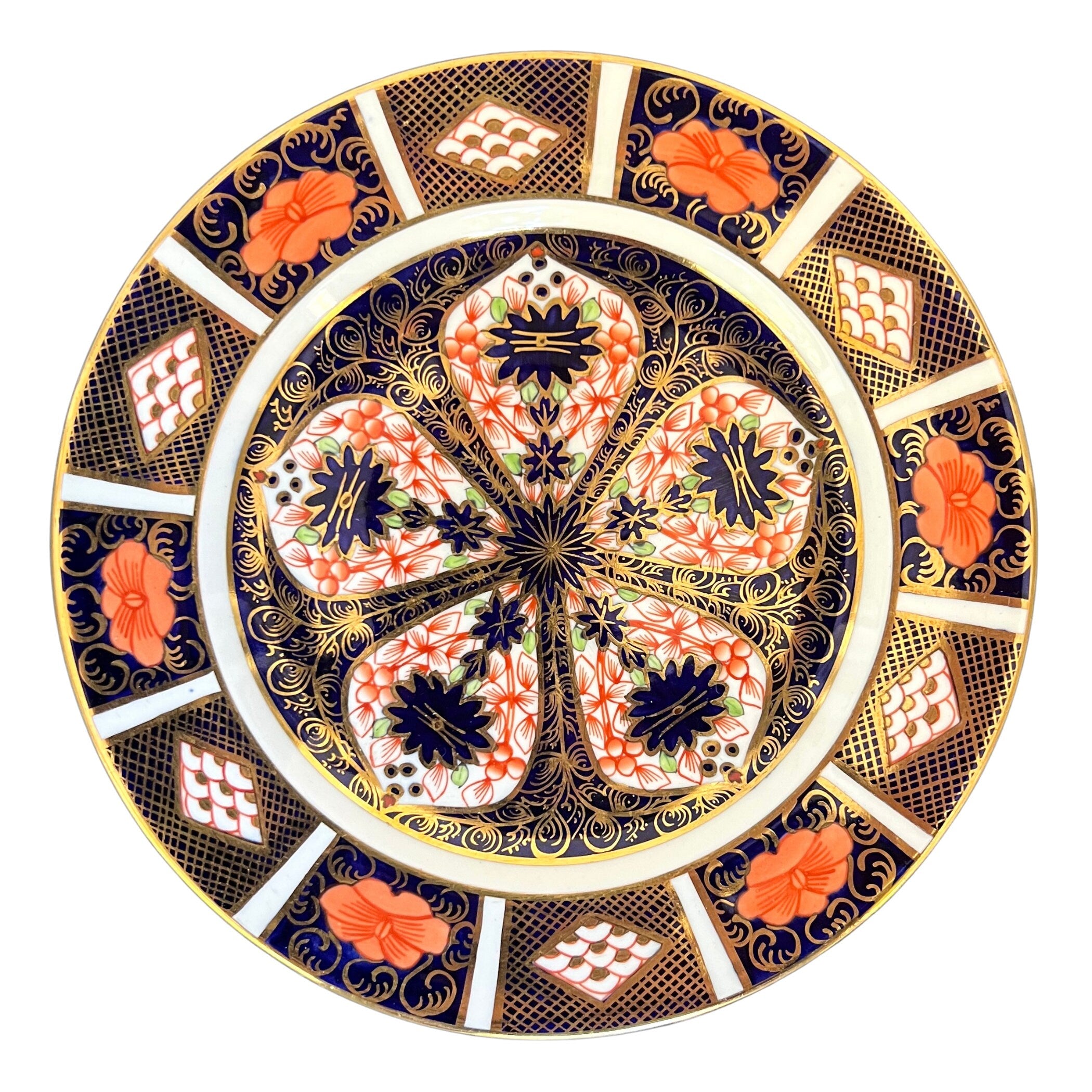 Antique Royal Crown Derby Old Imari porcelain plate in gold, cobalt blue, and orange-red, the source china for this upcycled pendant necklace.