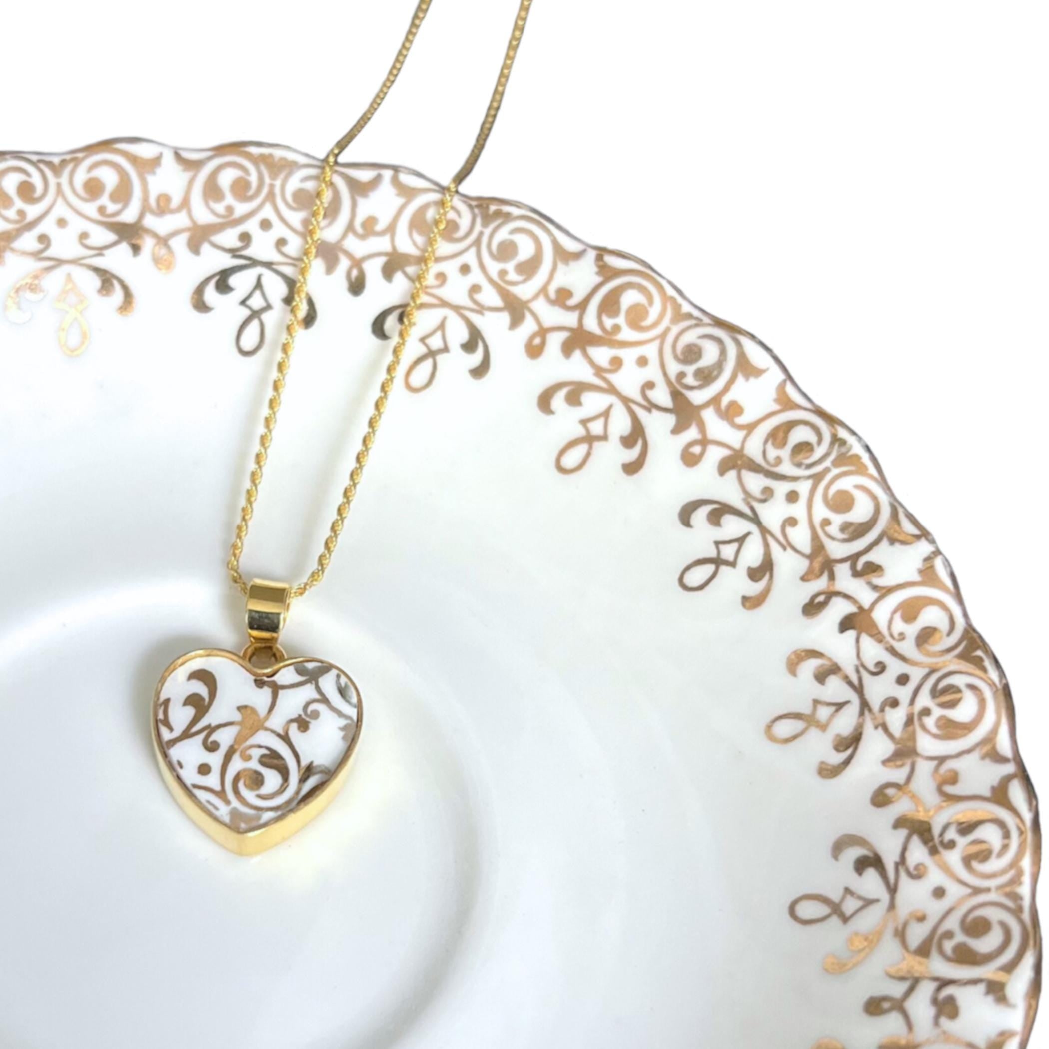 Heart-shaped gold and white floral china pendant necklace - handmade from vintage Royal Albert china in gold plated sterling silver setting with rope chain.