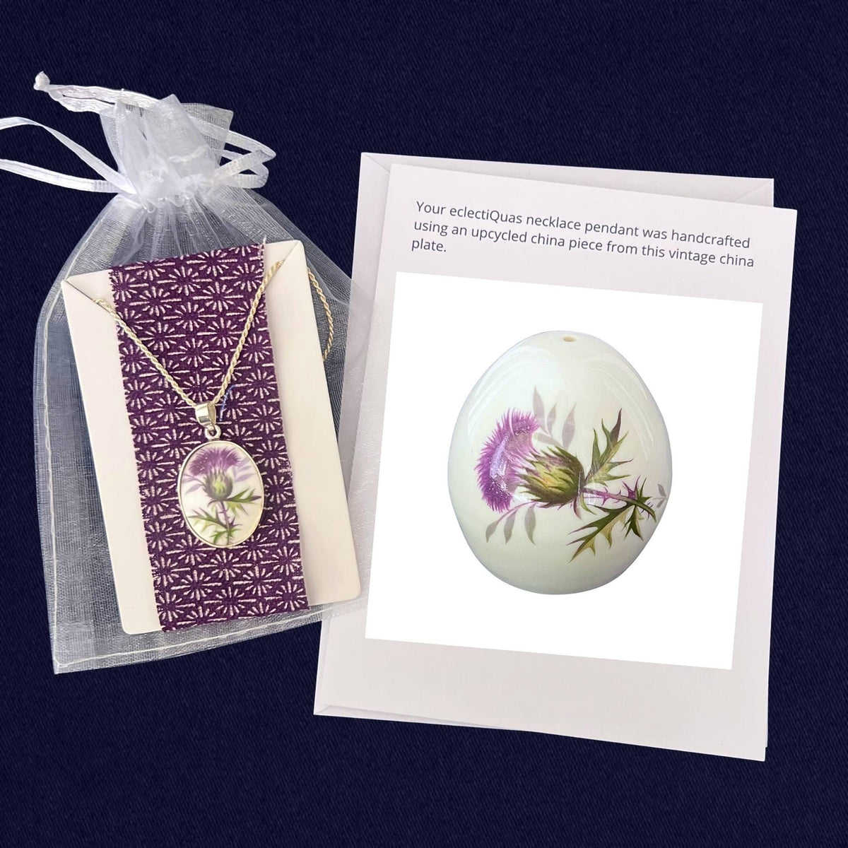 Scottish thistle necklace on a white organza jewelry bag with a photo card of the source china salt shaker.