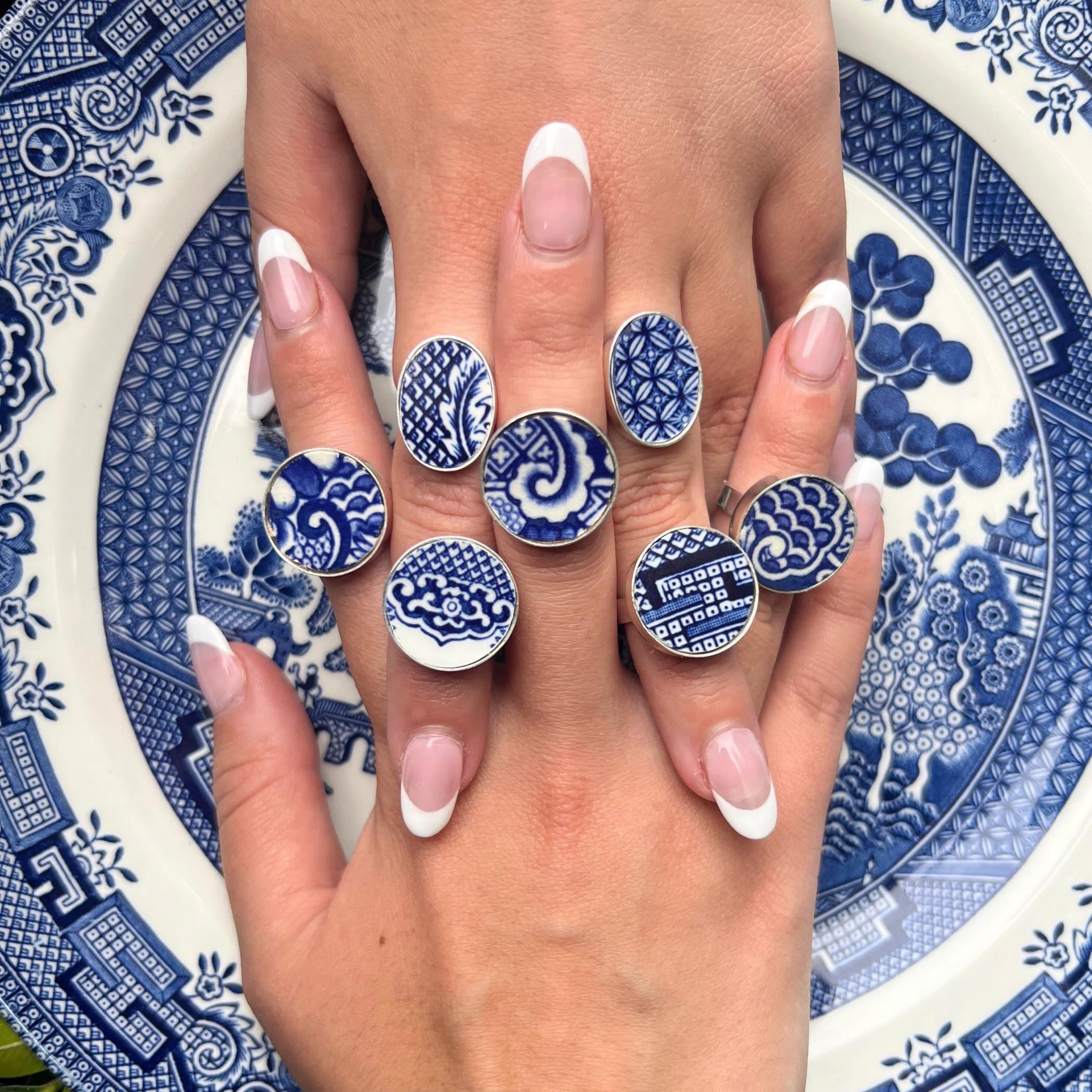 Blue Willow China Rings handcrafted from vintage porcelain plates, adjustable sterling silver rings, broken china jewelry gifts.