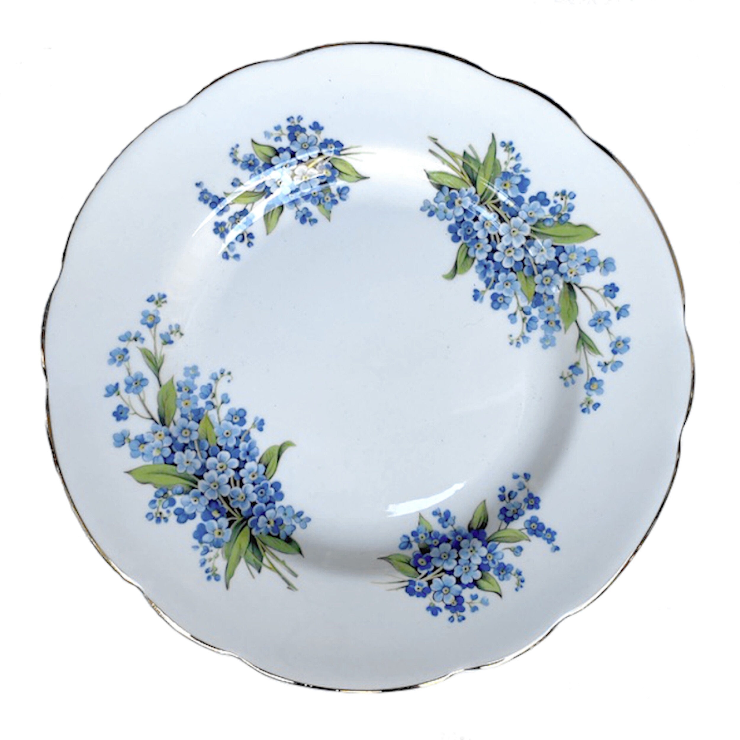 Regency Staffordshire Majestic Choice Forget Me Not china plate from which the china piece of the Forget Me Not necklace pendant originates.