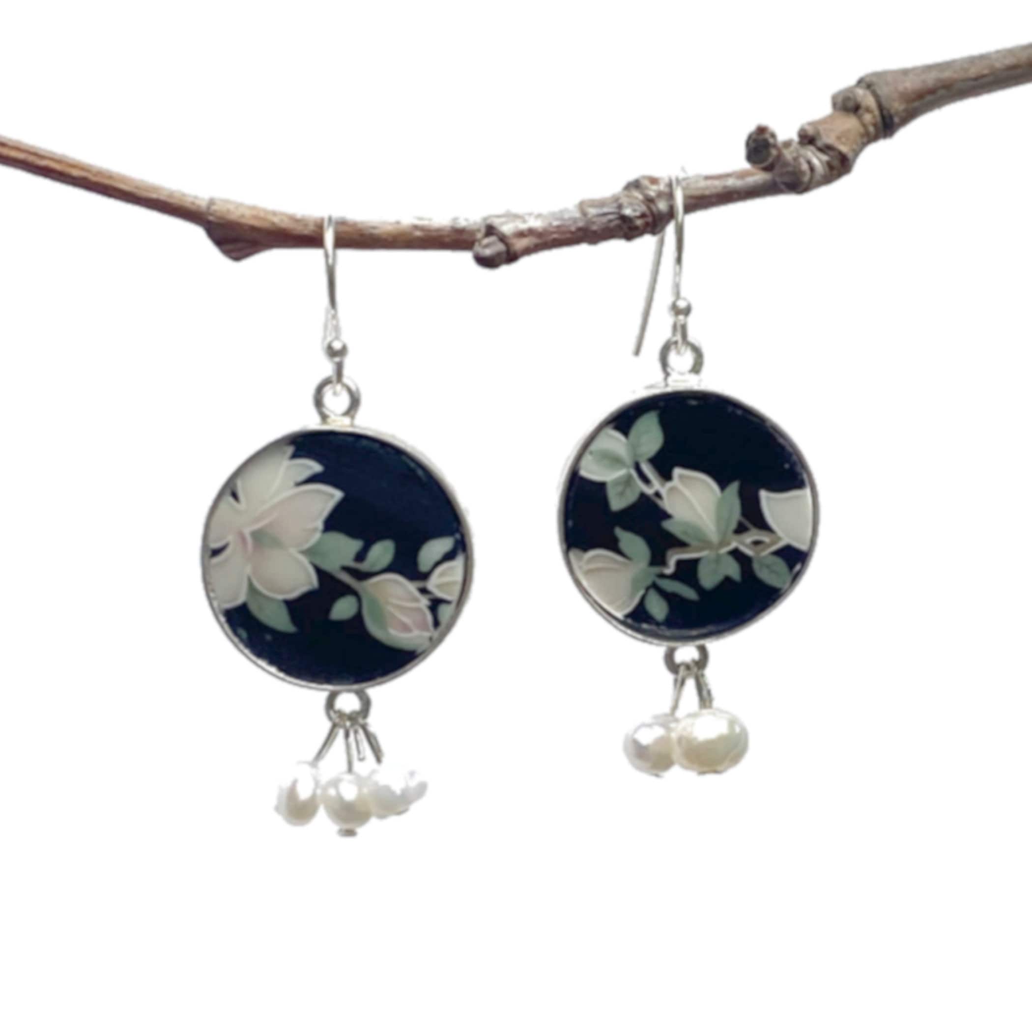 Black Chinoiserie Floral China Earrings, Broken China Jewelry Gift