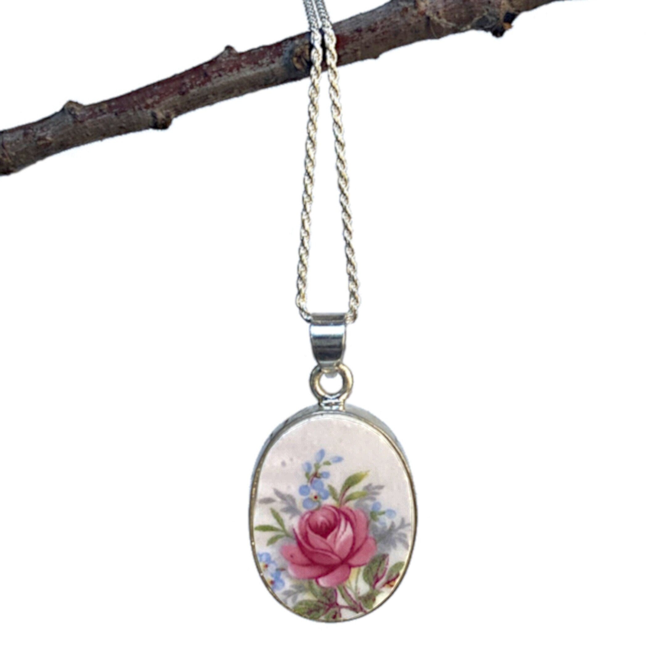 Forget Me Not Flower & Rose China Necklace with Upcycled Porcelain Oval Pendant, Romantic Rose Floral Broken China Jewelry Gift for Women