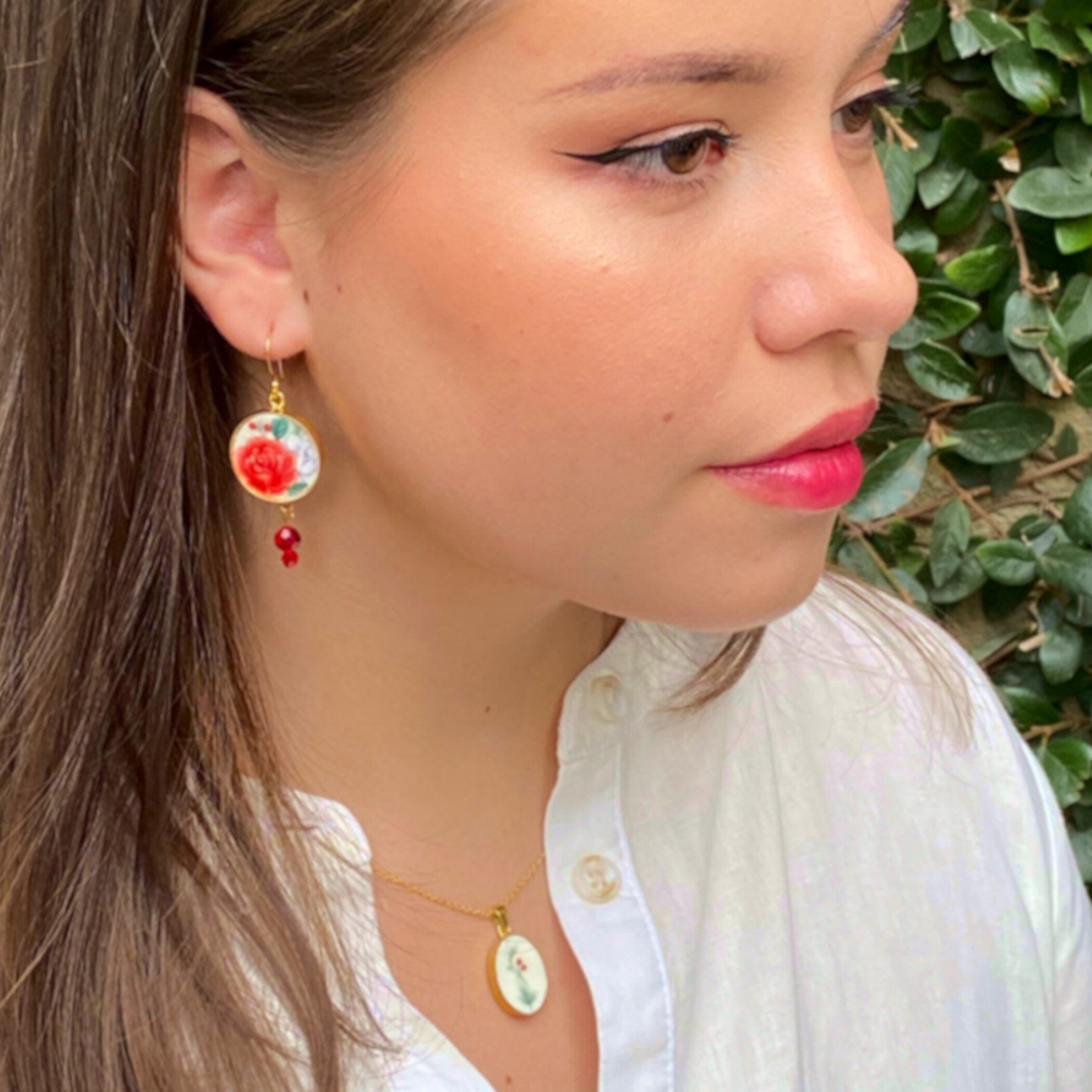 Christmas Broken China Jewelry Set handmade with Repurposed China, Red Rose China Earrings & Holly Necklace