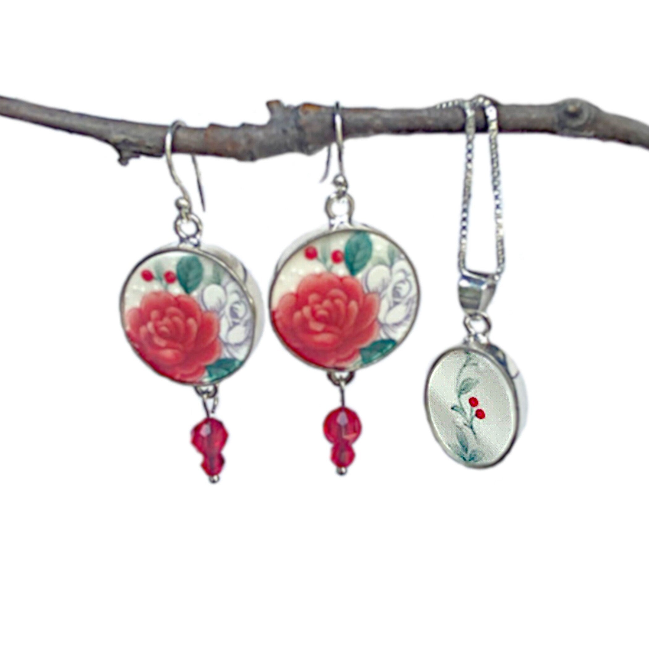 Christmas Broken China Jewelry Set handmade with Repurposed China, Red Rose China Earrings & Holly Necklace