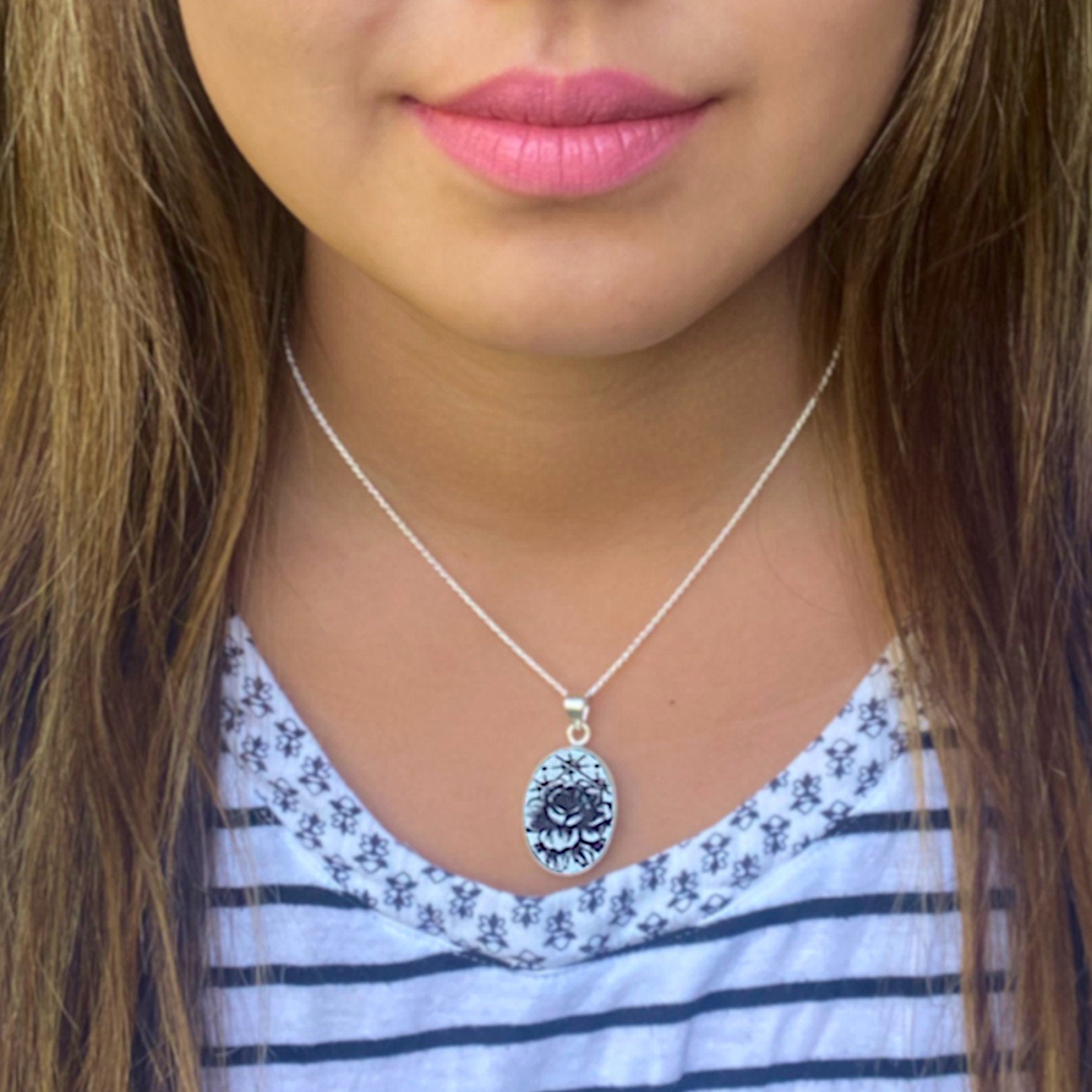 Vintage French China Necklace handmade with Upcycled Black Transferware China, Broken China Jewelry Gift with Black Rose Statement Pendant