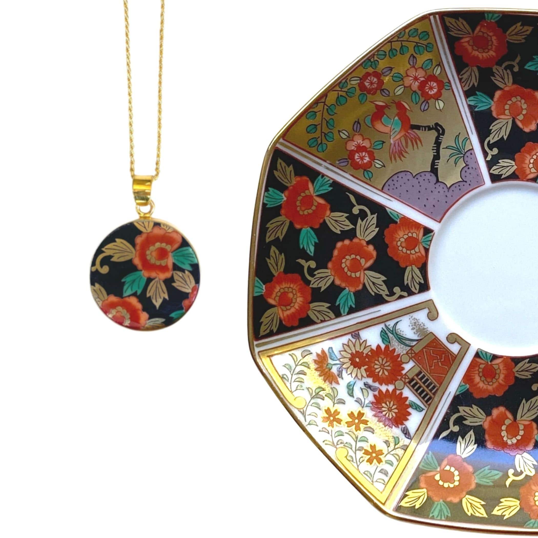 Bold Red Floral Statement Ceramic Necklace handmade with Upcycled Japanese Imari Porcelain, Unique 18th Anniversary China Gift for Wife