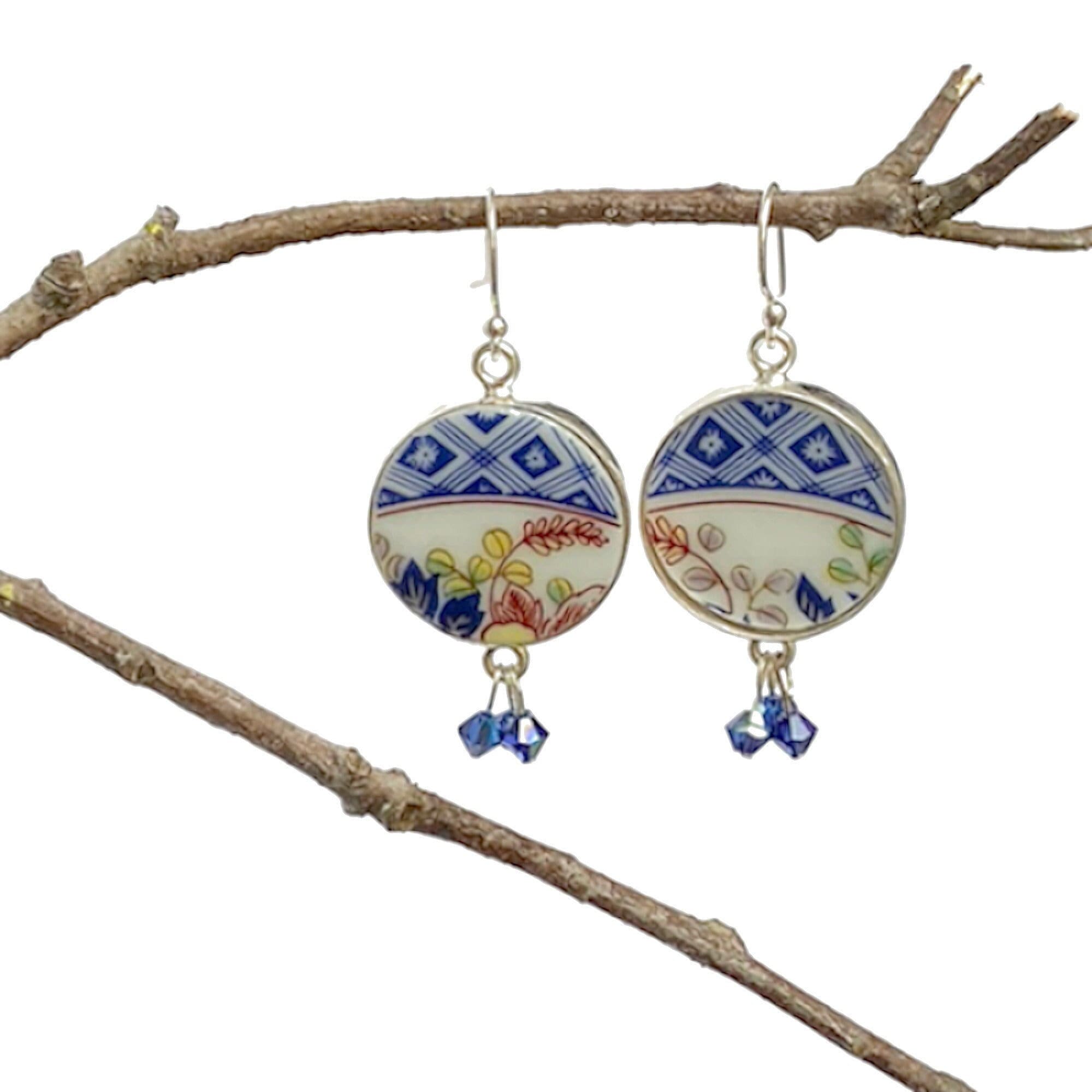 Japanese Imari Porcelain Dangle Earrings handmade with Vintage Mismatched Floral Arita Yaki, Unique Repurposed China Jewelry Gift for Women
