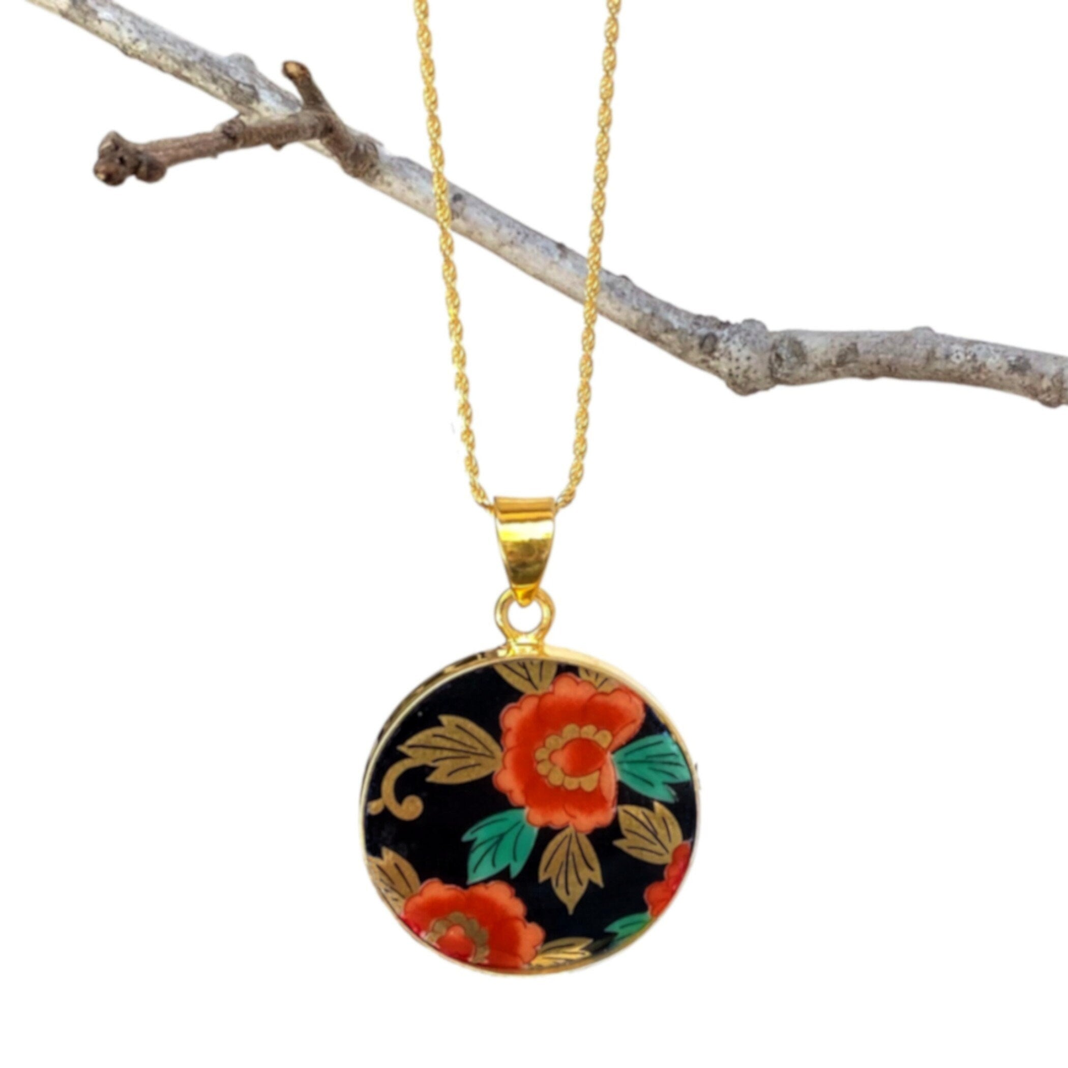 Bold Red Floral Statement Ceramic Necklace handmade with Upcycled Japanese Imari Porcelain, Unique 18th Anniversary China Gift for Wife