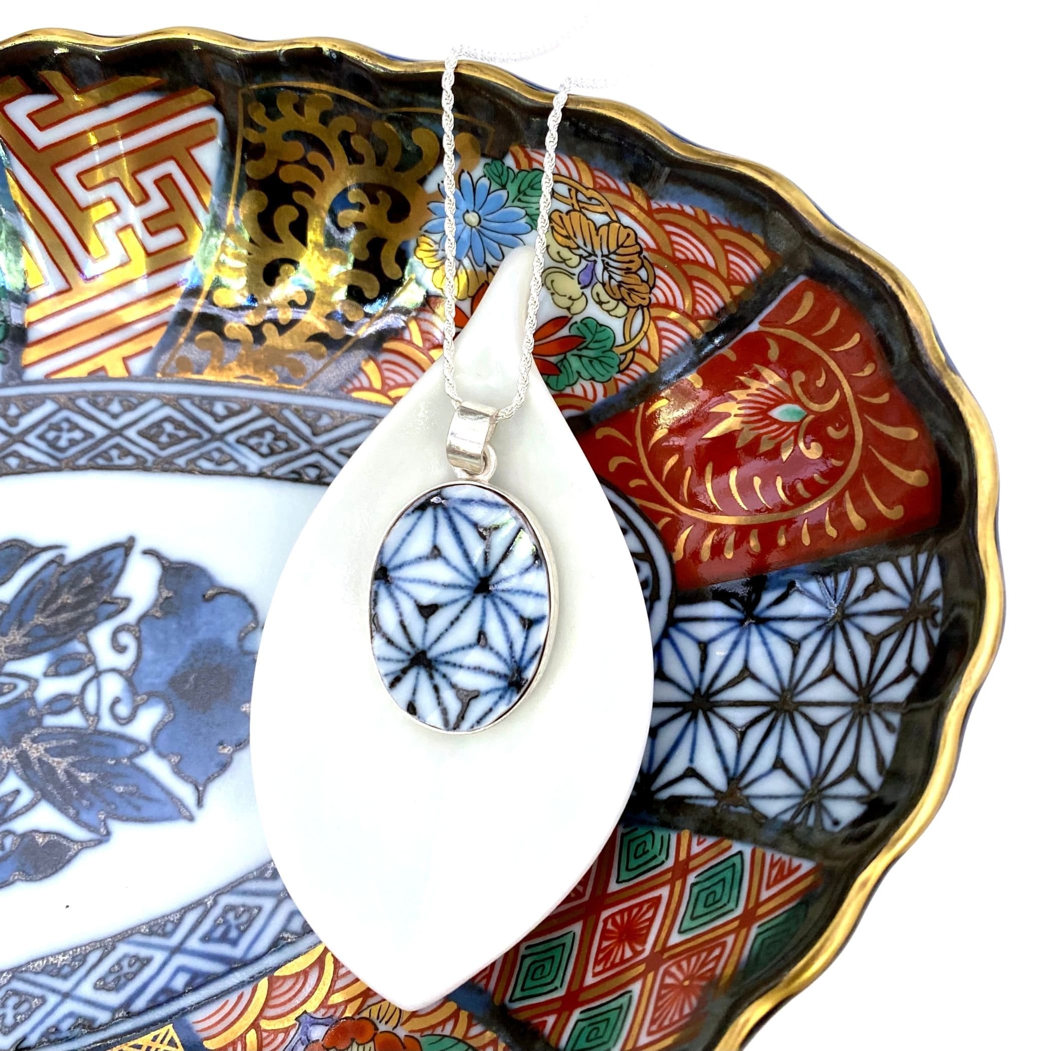 Vintage Arita Porcelain Oval Necklace handmade with Upcycled Japanese Ceramics & Sterling Silver, Asanoha Star Indigo Statement Jewelry Gift