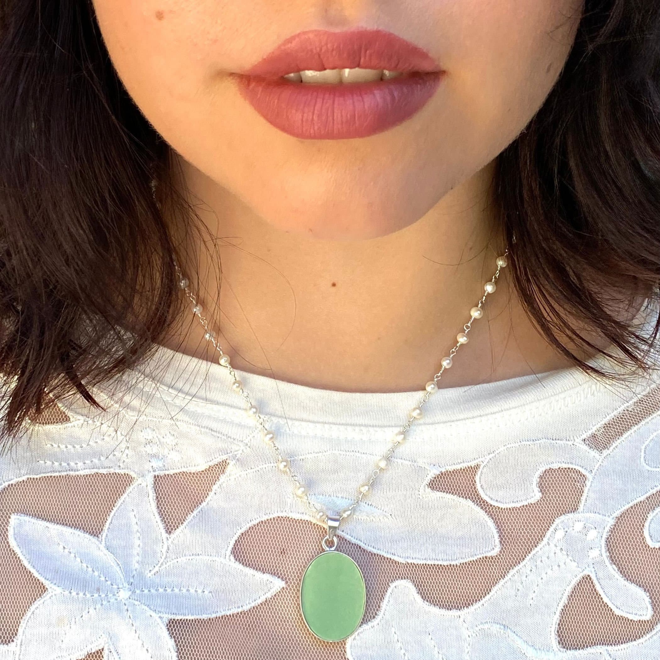 Upcycled Korean Celadon Porcelain Pendant with Tiny Pearl Necklace, Elegant Asian Influenced China Jewelry 18th Anniversary Gift for Wife