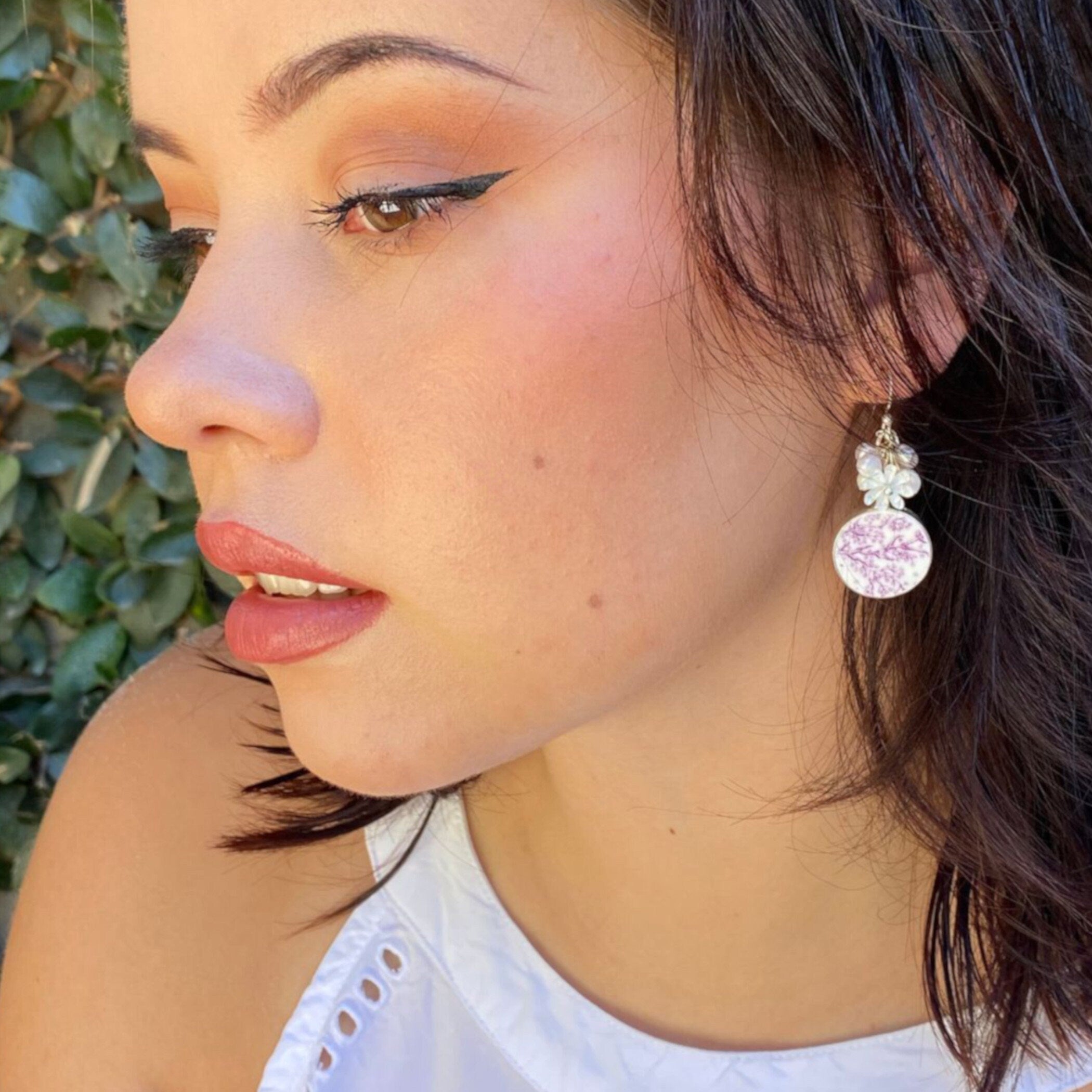 Dainty Purple Floral China Dangle Earrings handmade with Wedgwood China & Freshwater Pearl Clusters, Broken China Jewelry Gift for Women