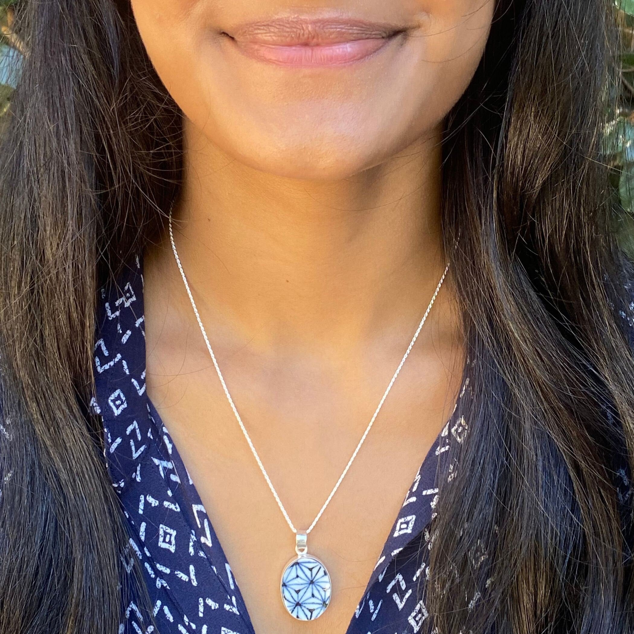 Vintage Arita Porcelain Oval Necklace handmade with Upcycled Japanese Ceramics & Sterling Silver, Asanoha Star Indigo Statement Jewelry Gift