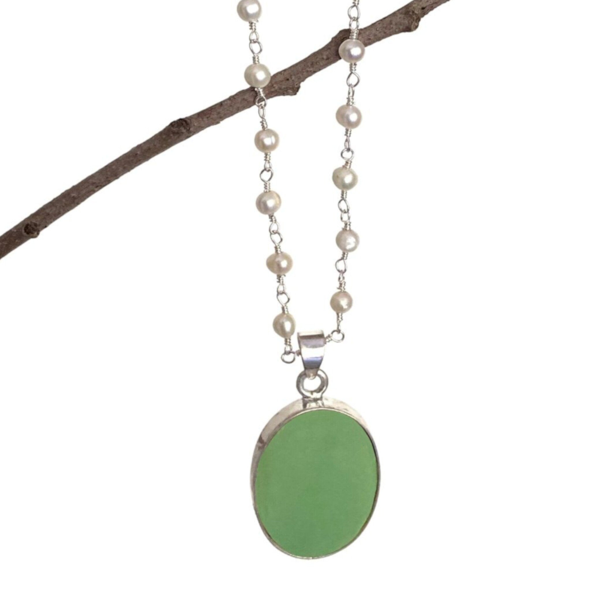 Upcycled Korean Celadon Porcelain Pendant with Tiny Pearl Necklace, Elegant Asian Influenced China Jewelry 18th Anniversary Gift for Wife