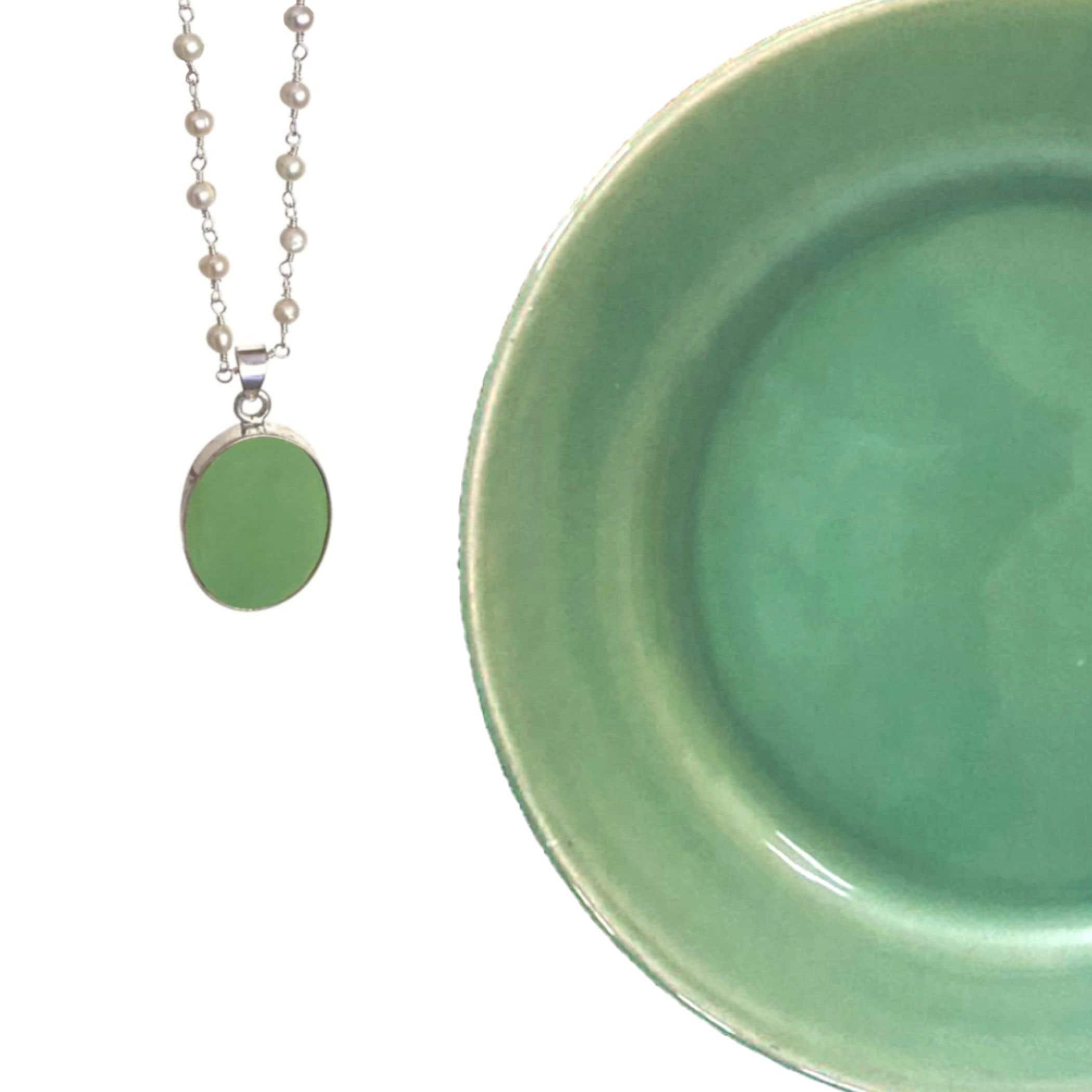 Upcycled Korean Celadon Porcelain Pendant with Tiny Pearl Necklace, Elegant Asian Influenced China Jewelry 18th Anniversary Gift for Wife