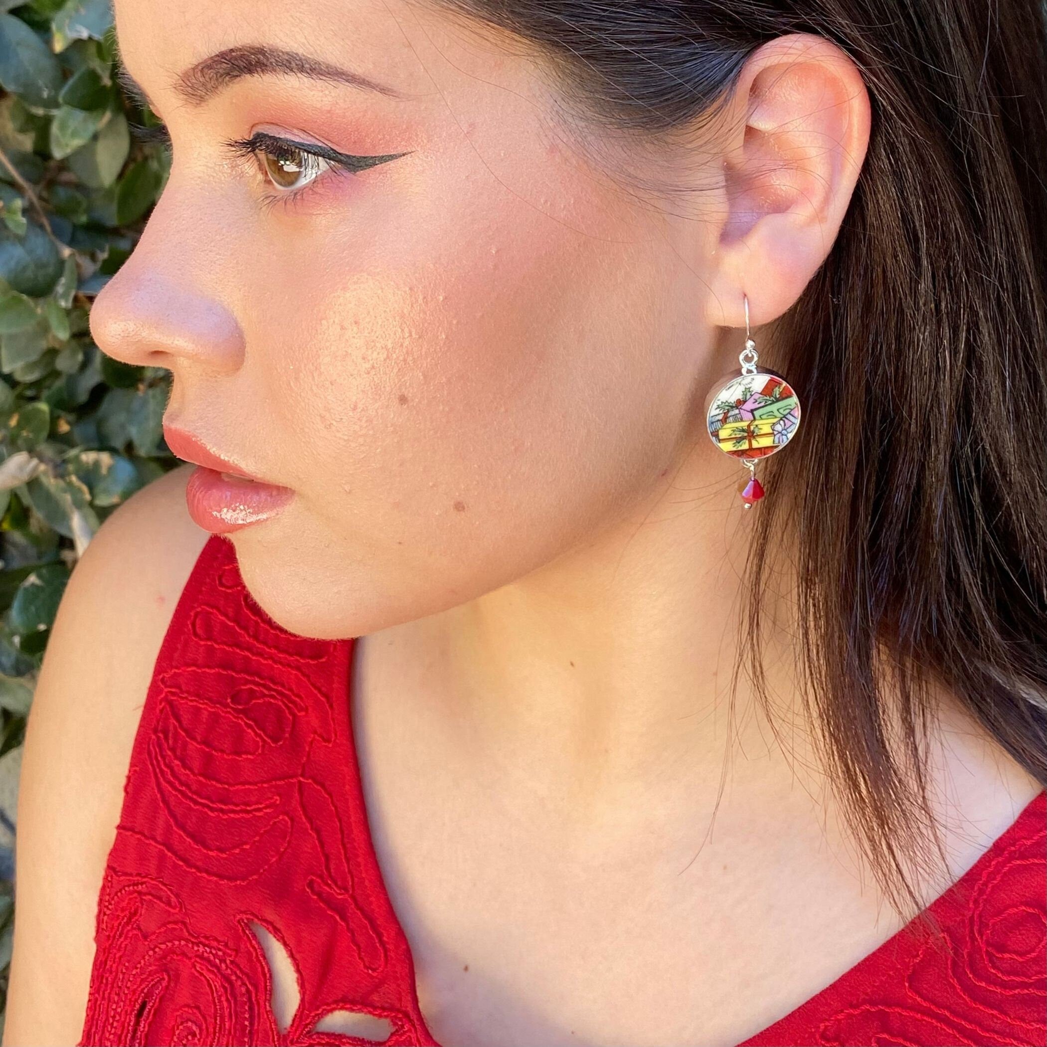 Vintage Spode Christmas Tree Broken China Earrings Handmade with Bright Colored Mismatched Christmas Gifts & Red Swarovski Dangles