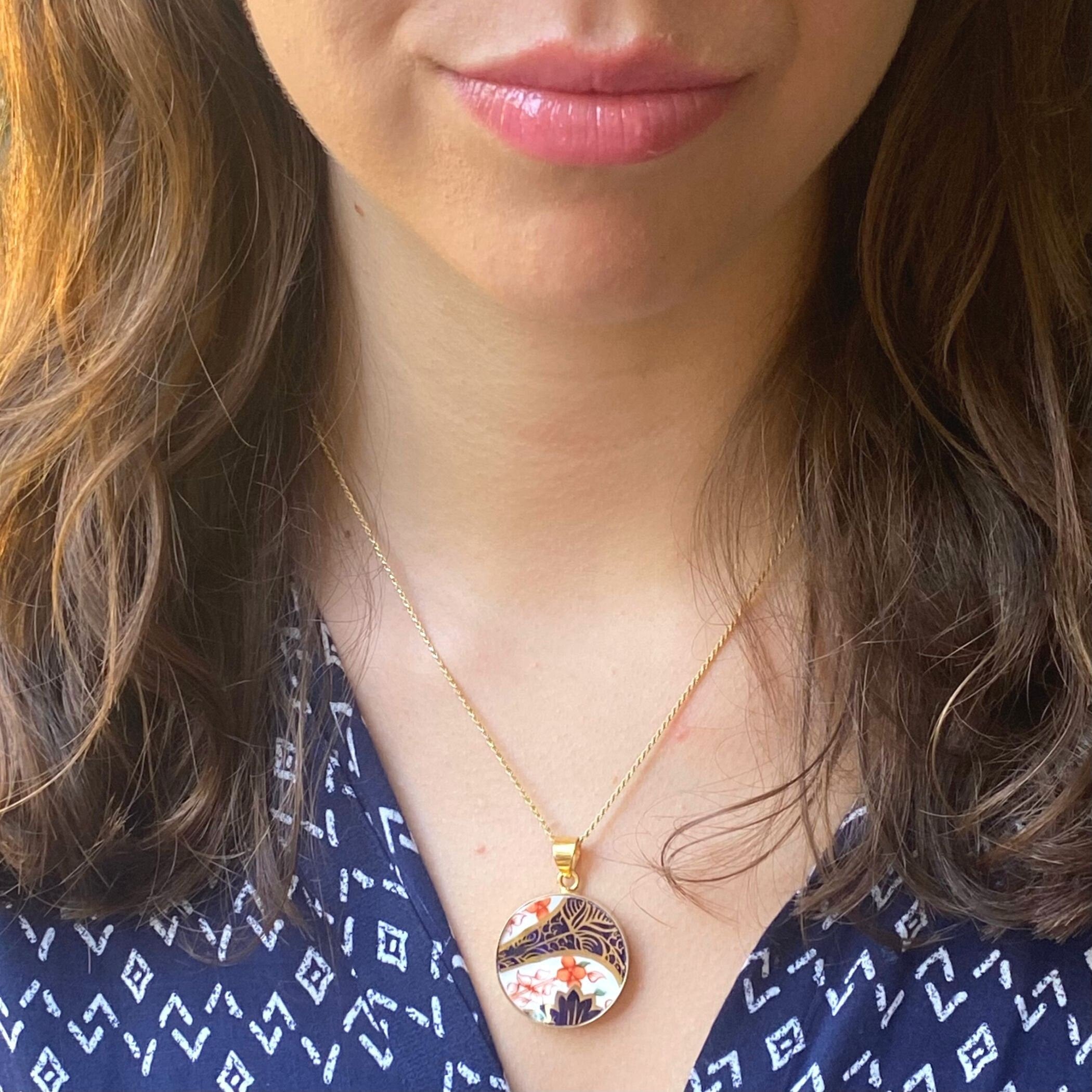 Antique Royal Crown Derby Imari China Statement Necklace handmade with Old Imari Porcelain, Unique 20th Wedding Anniversary Gift for Women