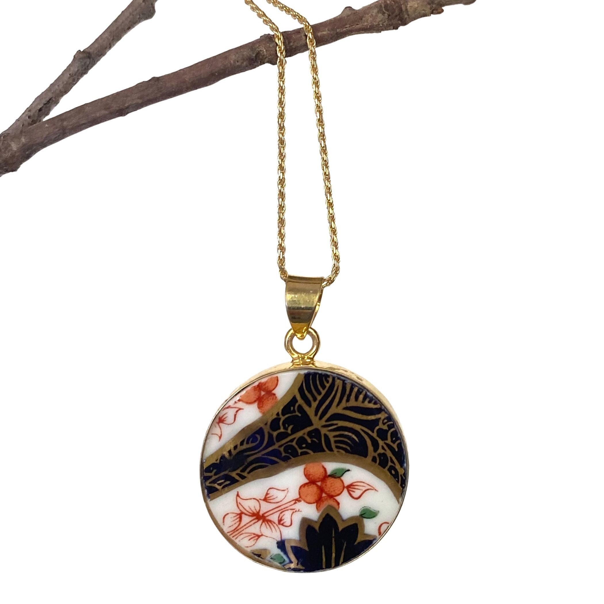 Antique Royal Crown Derby Imari China Statement Necklace handmade with Old Imari Porcelain, Unique 20th Wedding Anniversary Gift for Women