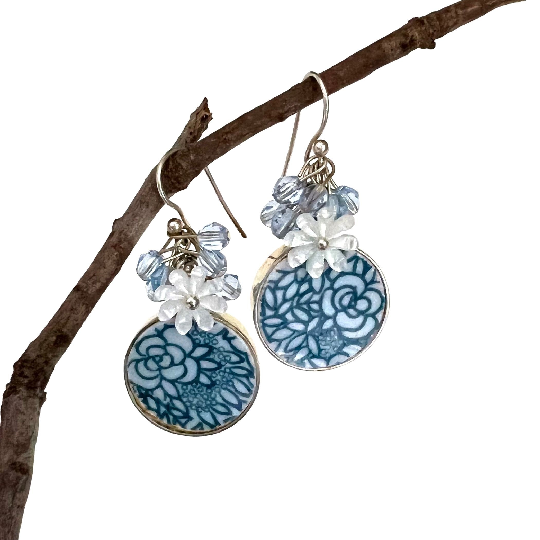 Dainty Blue Floral Chintz China Earrings handmade with Upcycled Porcelain, Tiny White Flowers & Pale Blue Swarovskis, Broken China Jewelry