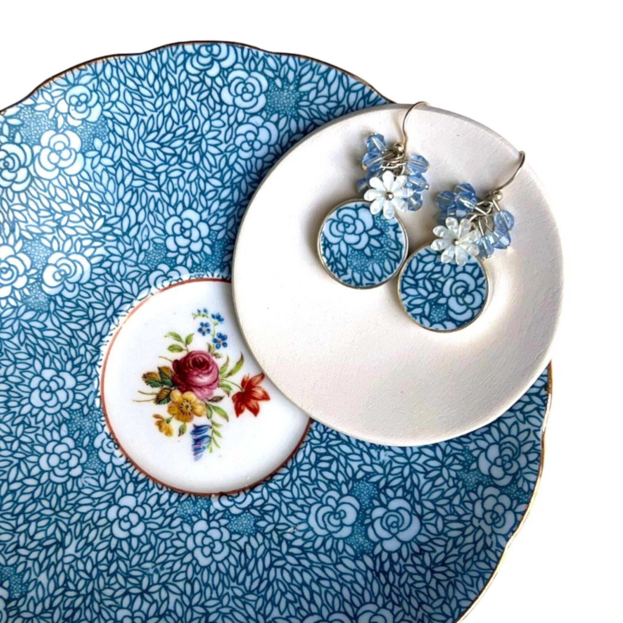 Dainty Blue Floral Chintz China Earrings handmade with Upcycled Porcelain, Tiny White Flowers & Pale Blue Swarovskis, Broken China Jewelry