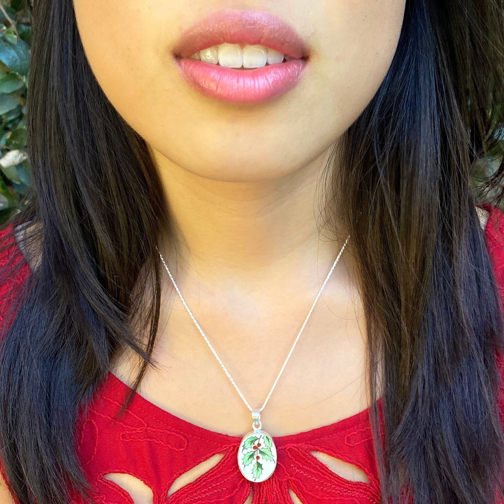 Spode Christmas Tree China Necklace with Holly China Pendant, Festive Holiday Broken China Jewelry Gift for Her Christmas 2022