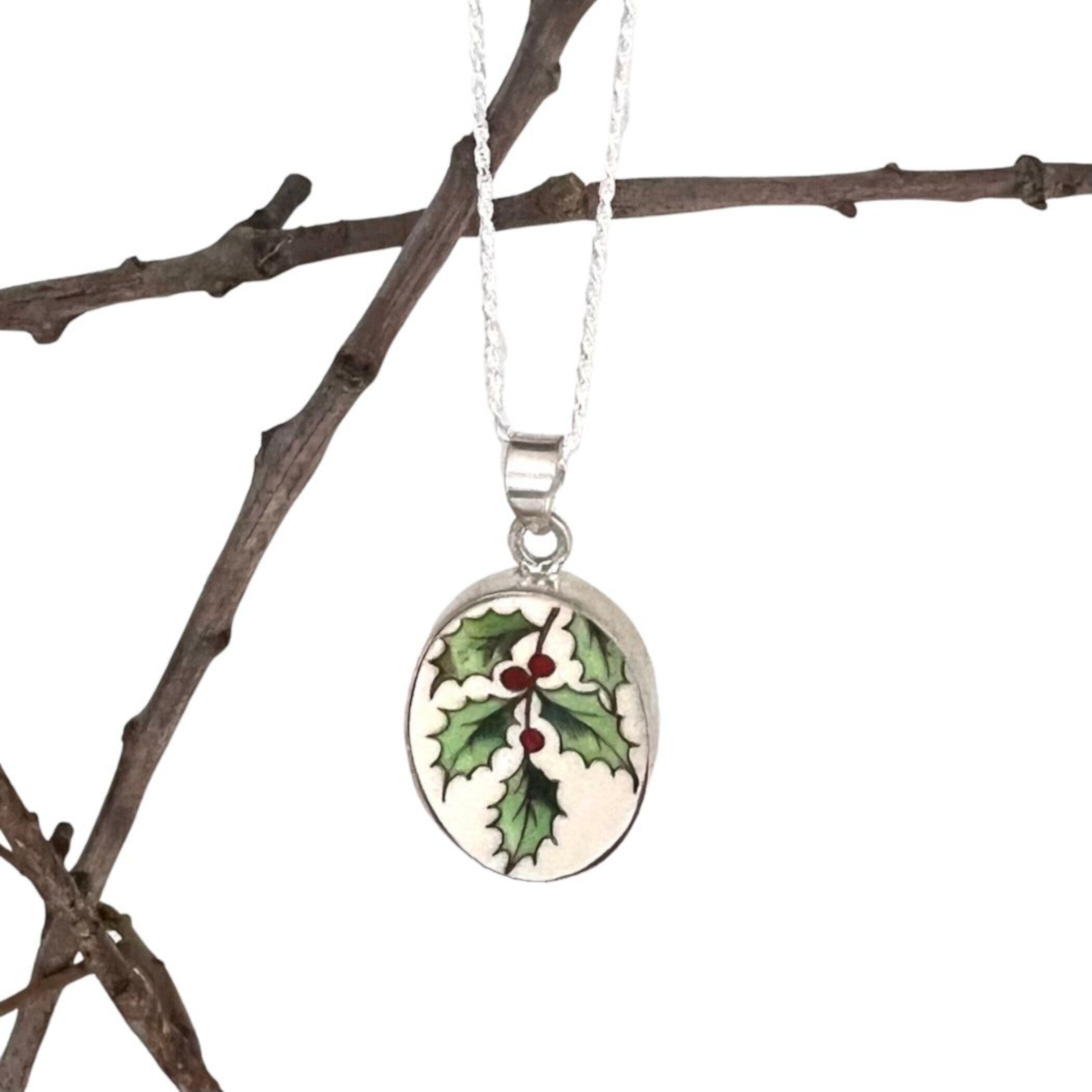 Spode Christmas Tree China Necklace with Holly China Pendant, Festive Holiday Broken China Jewelry Gift for Her Christmas 2022