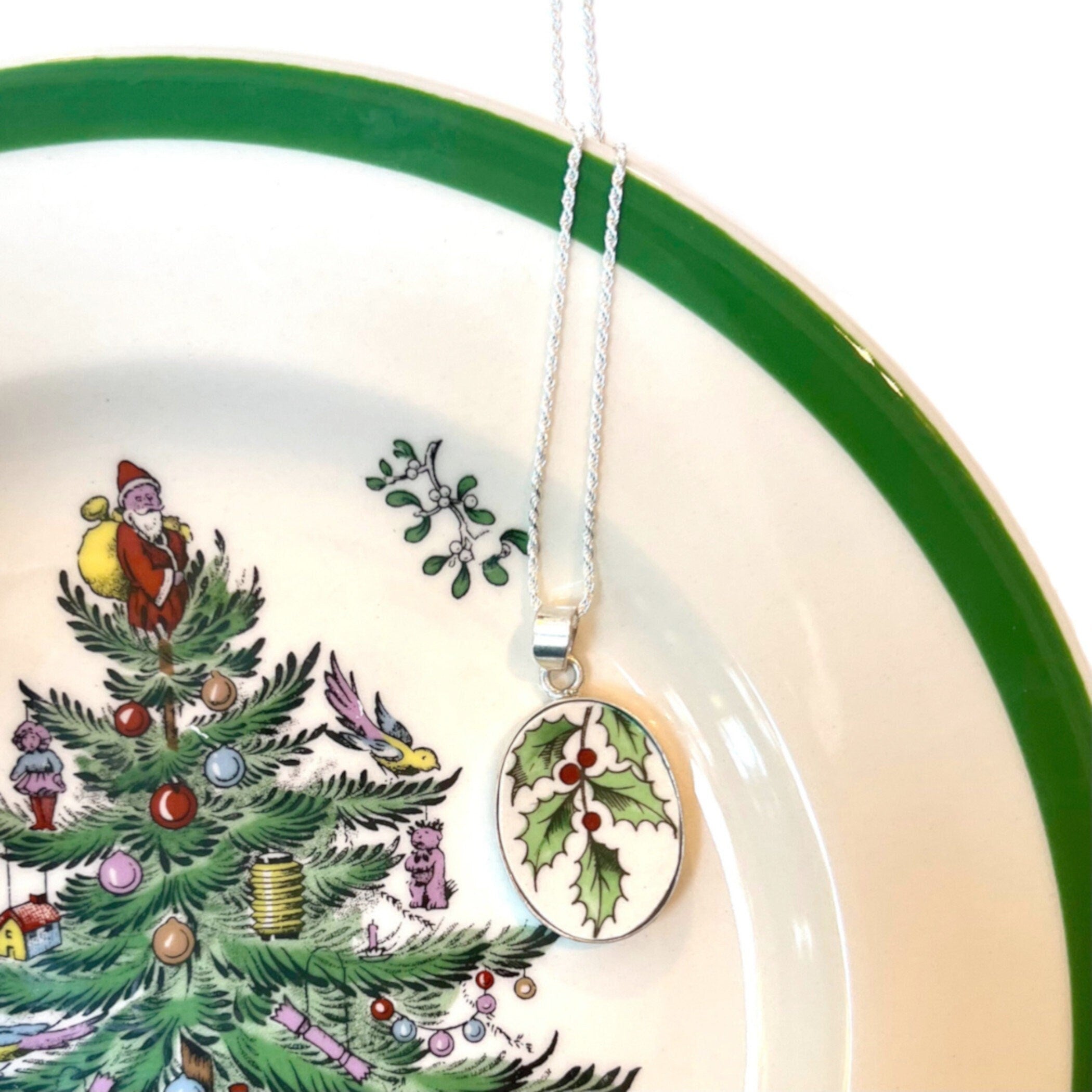 Spode Christmas Tree China Necklace with Holly China Pendant, Festive Holiday Broken China Jewelry Gift for Her Christmas 2022