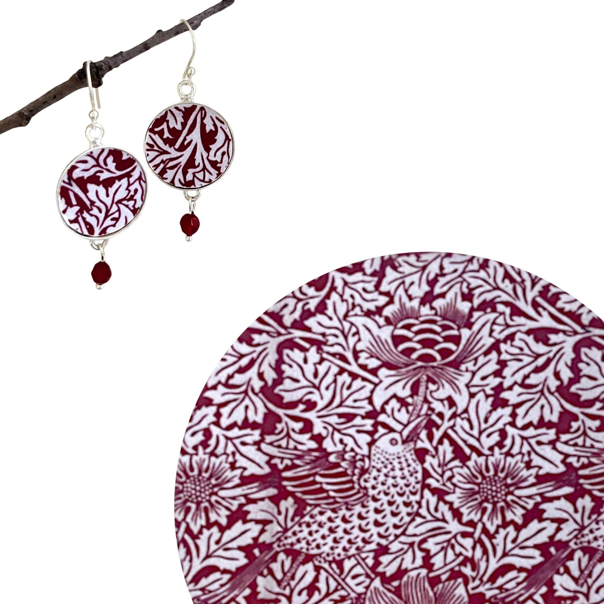 William Morris Art Deco Porcelain Earrings handmade with Upcycled China, Fine Red and White Christmas Broken China Jewelry Gift for Her