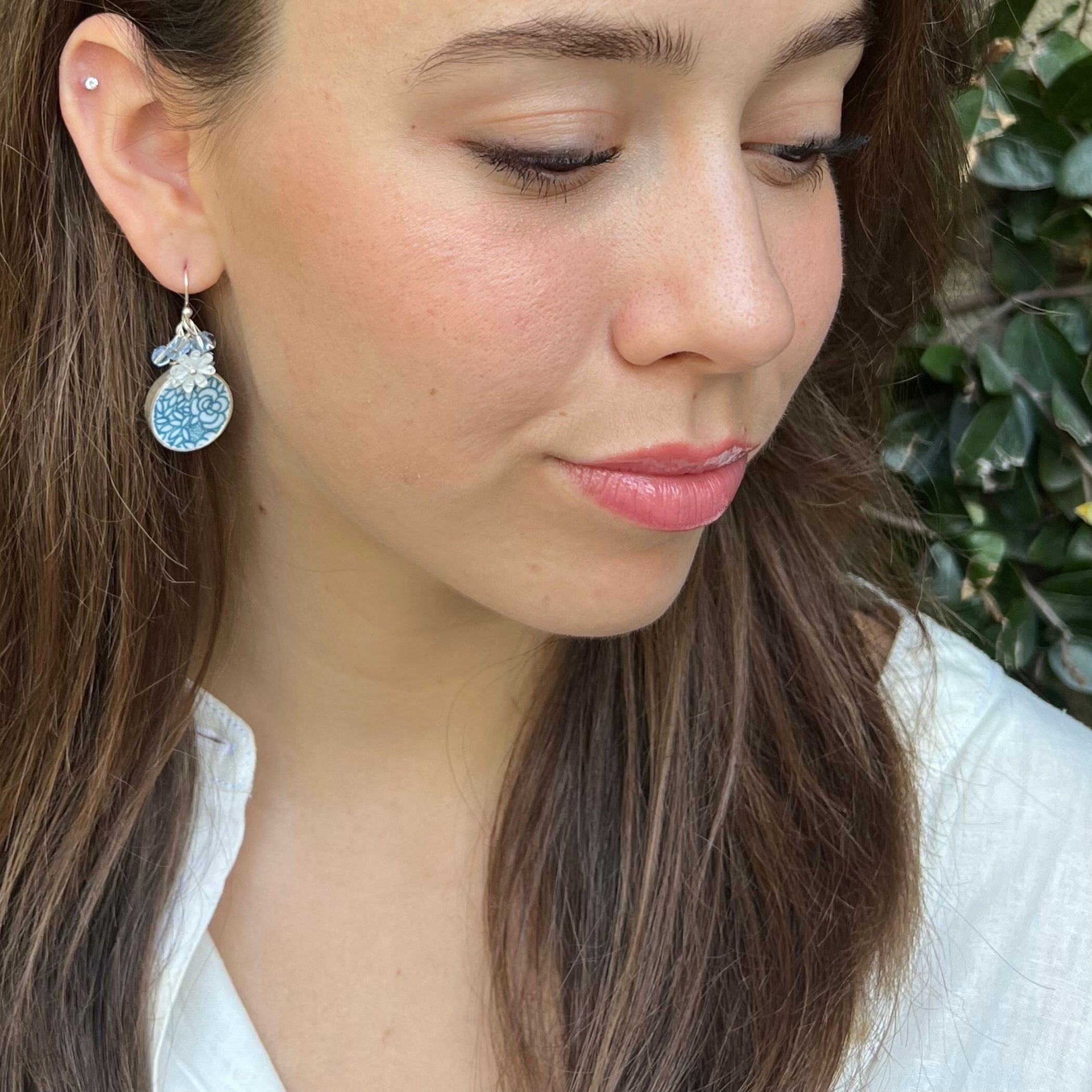 Dainty Blue Floral Chintz China Earrings handmade with Upcycled Porcelain, Tiny White Flowers & Pale Blue Swarovskis, Broken China Jewelry
