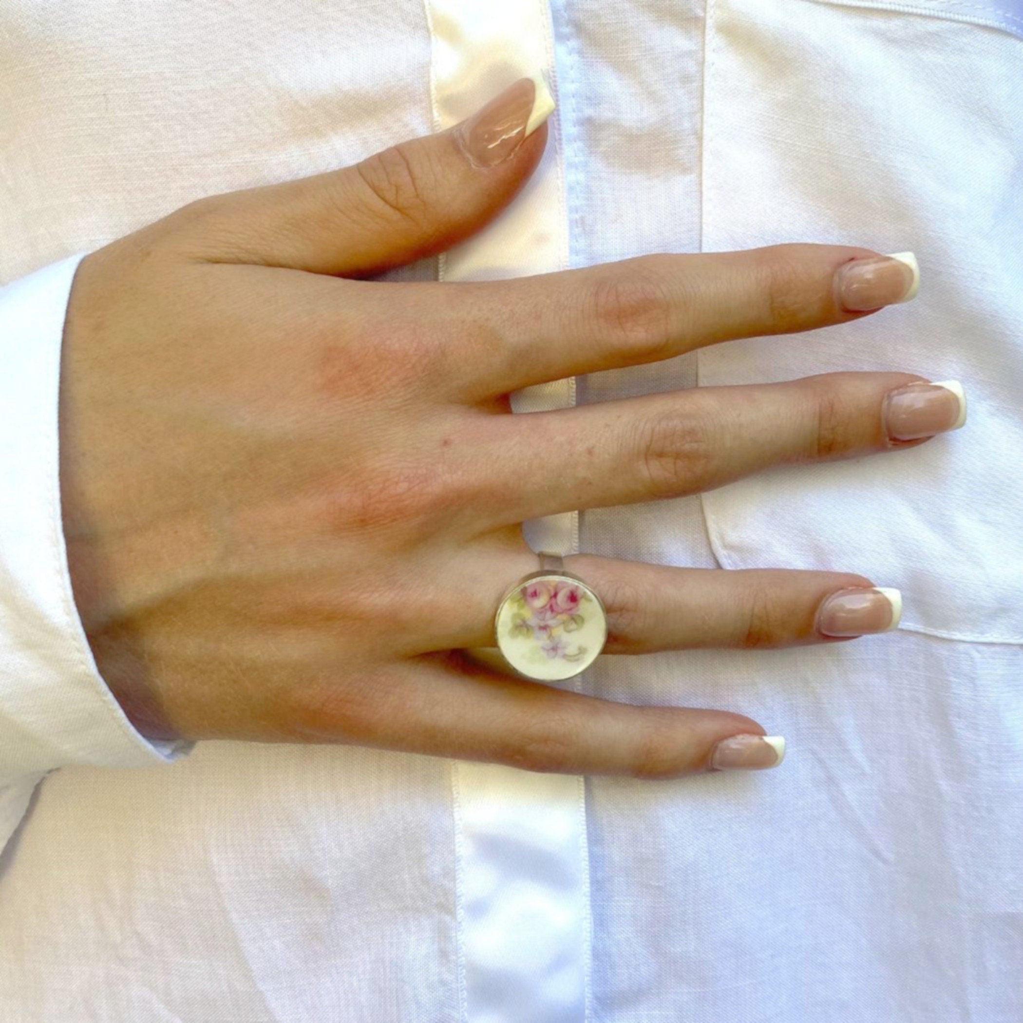 Vintage French Limoges Porcelain Pink Rose Floral Statement Ring handmade with Repurposed China, Broken China Jewelry Gift for Women